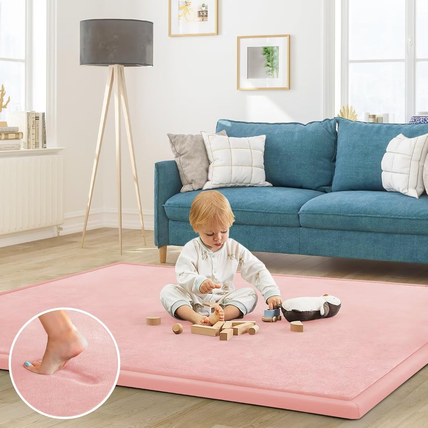 Baby Play Mat for Floor Tummy Time Mat Nursery Rug Muscle Mat Area Rug Playroom Rug Tatami Mat 6'7"x6'7" Memory Foam 1.3" Thick Crawling Mat for Babies,Toddlers, Infants, Kids,Floor Mat(Pink)