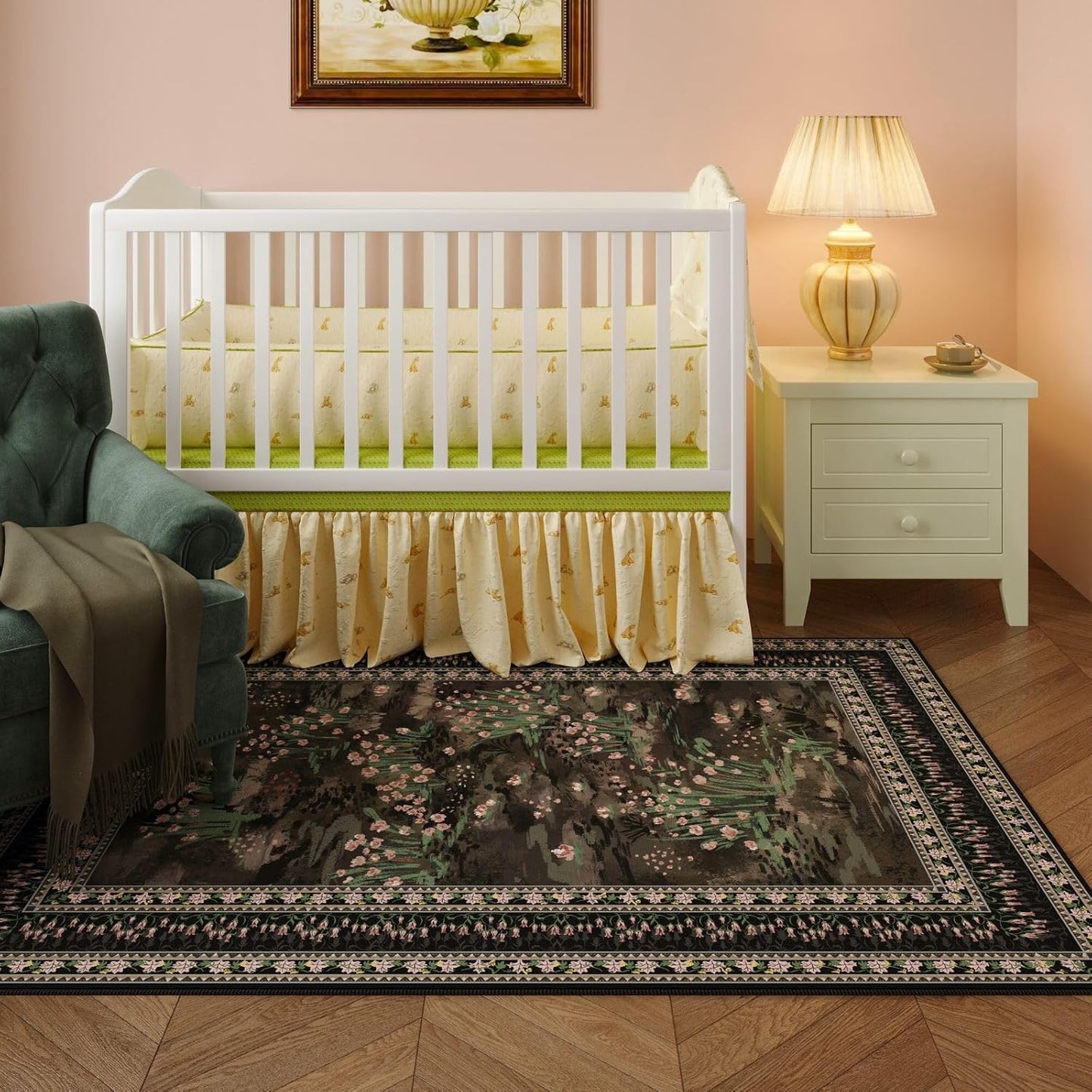 Area Rugs 8x10 Clearance Impressionist-Style Vintage Washable Area Rug Non Slip Low Pile Large Rug for Bedroom Farmhouse Dining Room Kids Playroom, Black