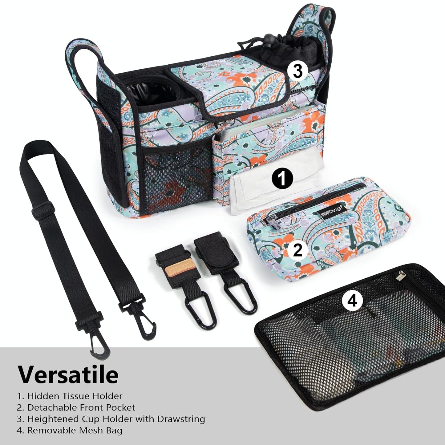 TOPDesign Universal Baby Stroller Organizer, Stroller Caddy with Detachable Mesh Bag & Heightened Insulated Cup Holders & Non-Slip Secure Hooks Accessories, Fits Most Strollers (Green Bandanna)