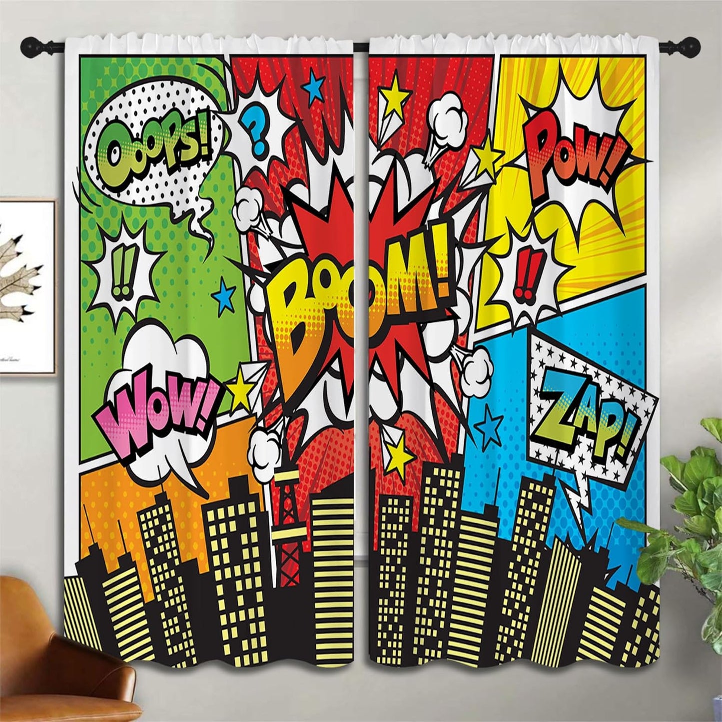 Superhero City Wars Explosion Rod Pocket Blackout Curtains for Boy Girl Bedroom, Colorful Comics Ar Thermal Insulated Home Window Drapes for Living Room Darkening, 72x63 inch