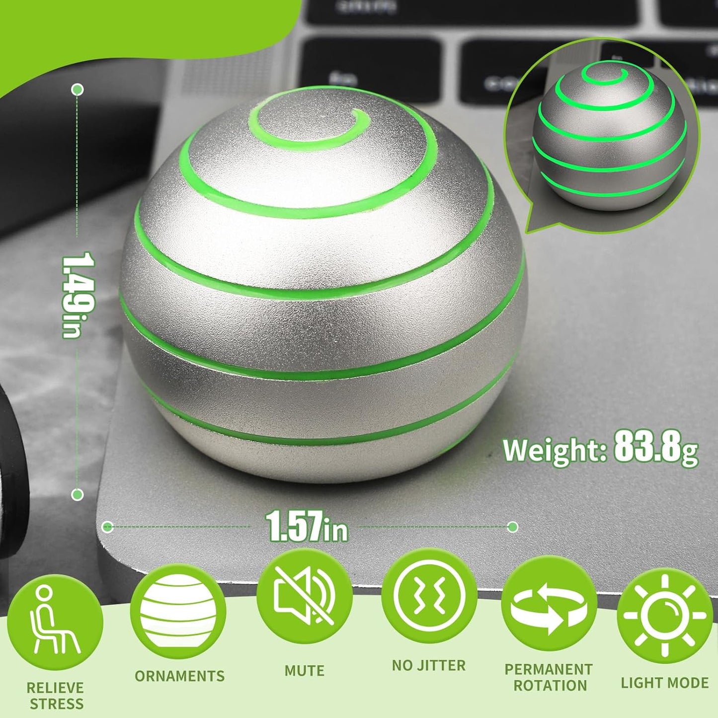 Kinetic Desk Spinning Toy, Full Body Optical Illusion Fidget Spinner Toy, Kinetic Desktop Toy Stress Ball Gift for Father Mother Kid, Cool Metal Gadget for Office Desk (1.5INCH, Sliver)