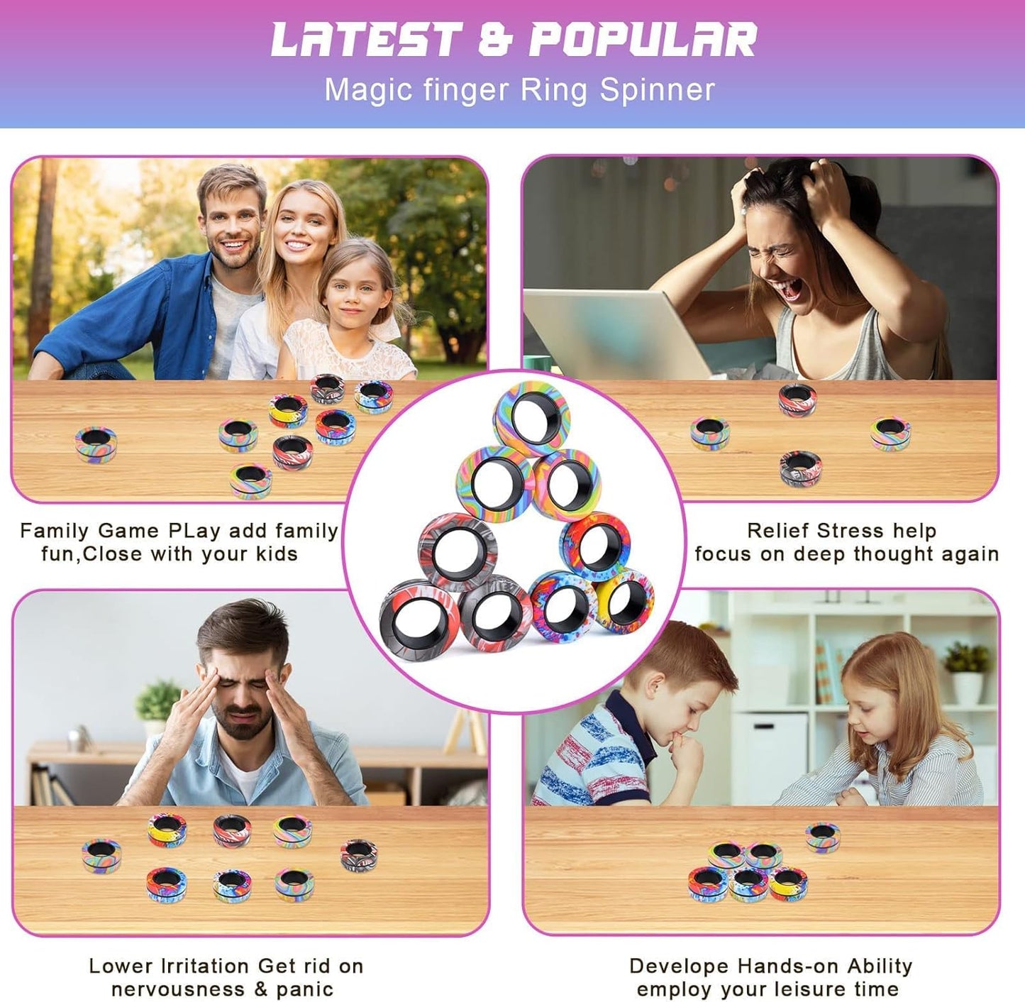 9Pcs Magnetic Rings Fidget Toy Set, ADHD Anxiety Magnetic Fidget Toys Adults Fidget Spinner Rings for Relief, Gifts for 8+ Year Old Teen Boy Girl