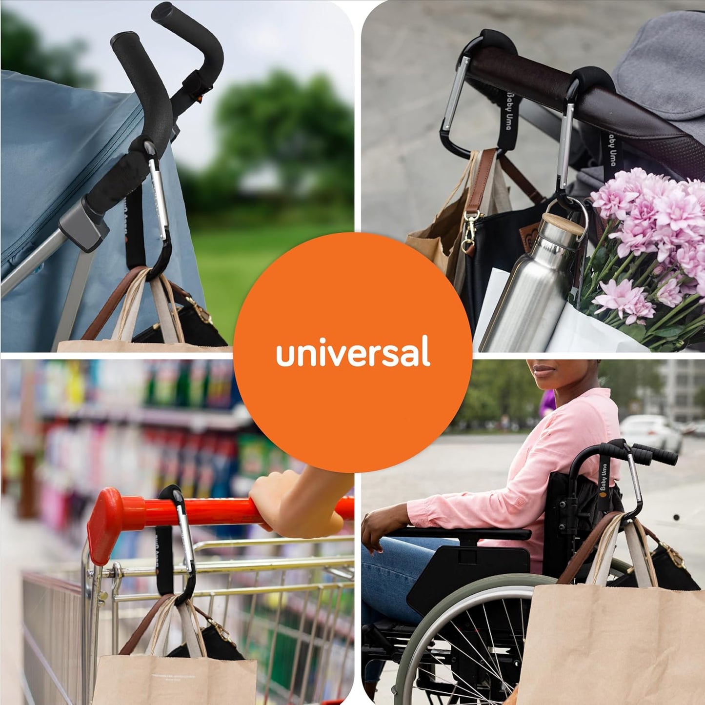 Baby Uma XL Stroller Hooks for Bags (2 Pack) - Universal Stroller Clips and Hooks with Foam Handle, 11 lb Weight Capacity per Carabiner, Adjustable & Non-Slip, Baby Travel Essential