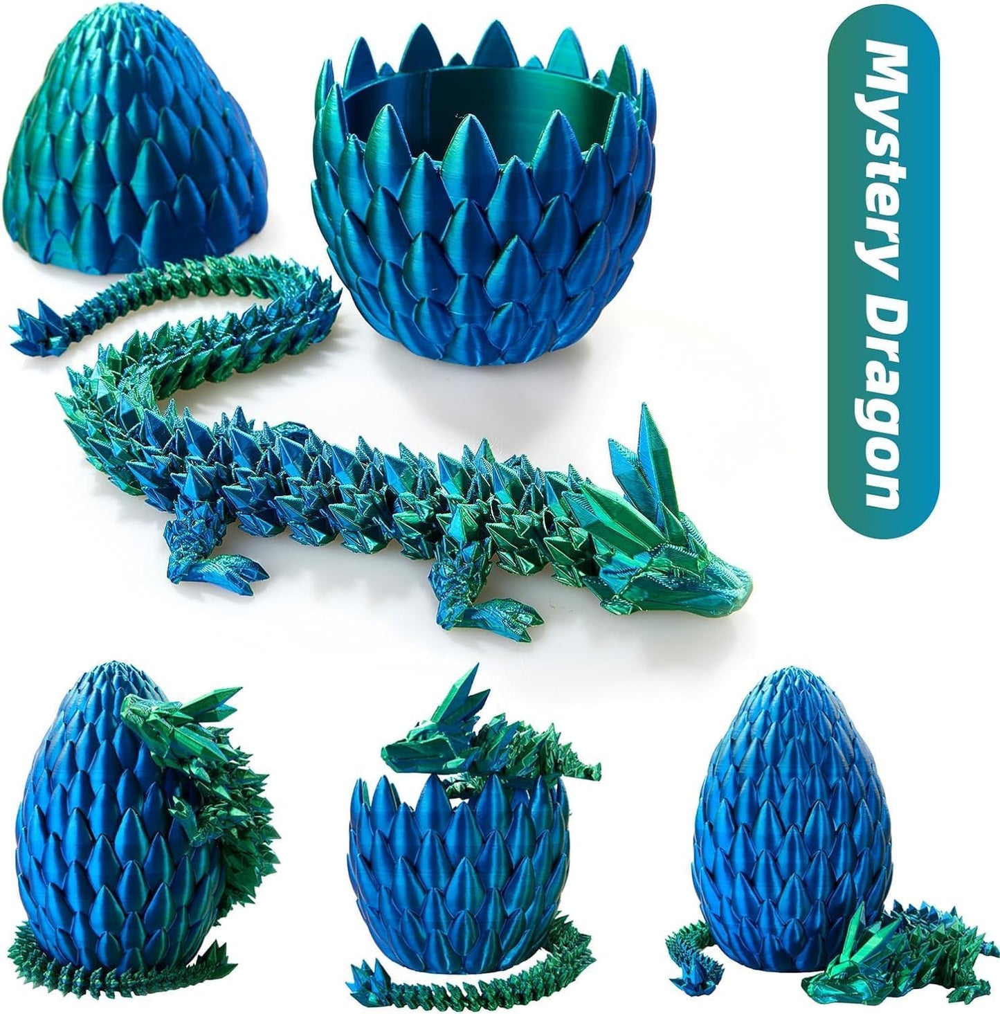 12inch 3D Printed Dragon Egg,Mystery Crystal Dragon Fidget Toys,Articulated Dragon,Home Desk Decor Easter Surprise Dinosaur Eggs,Adults Fidget Toys for Autism/ADHD (Cyanine)