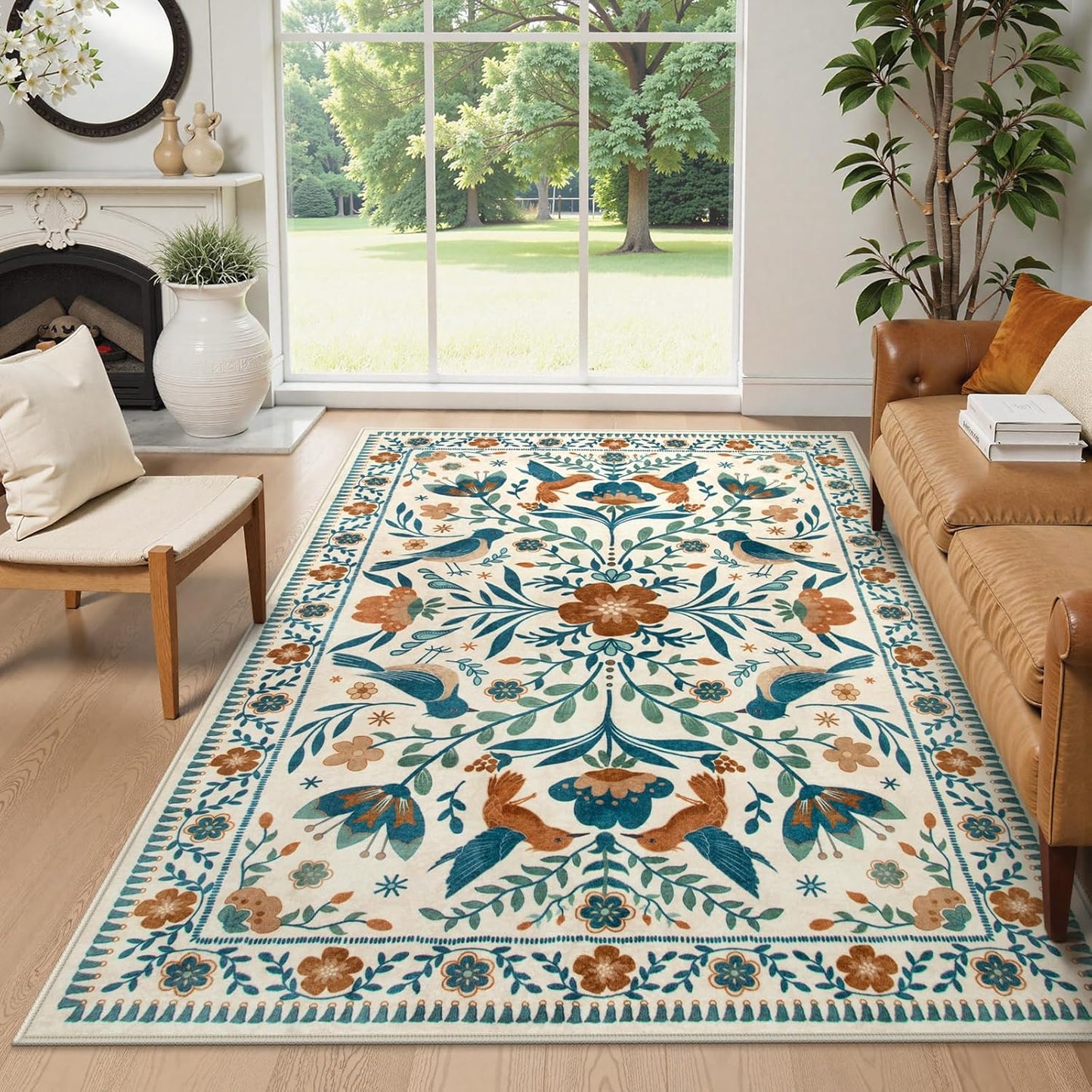 Moynesa Washable Boho Bird 6x9 Area Rugs, Ultra Thin Soft Living Room Rugs for Bedroom Non Slip, Stain Resistant, Easy Clean, Large Beige Indoor Throw Carpet for Dining Room Office Nursery