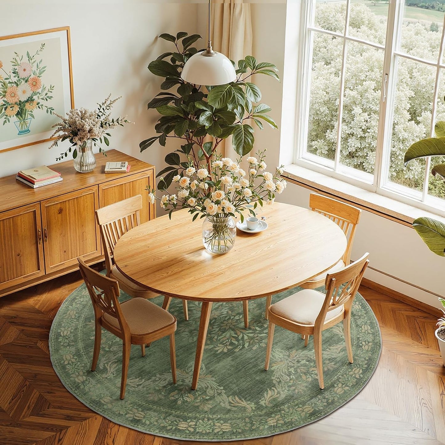 jinchan Round Rug 6ft Area Rugs Vintage Floral Distressed Design,Machine Washable Soft Non-Slip Low-Pile Ultra-Thin Circle Rug for Bedside Living Room Dining Room Bedroom (6' Round, Dark Green)