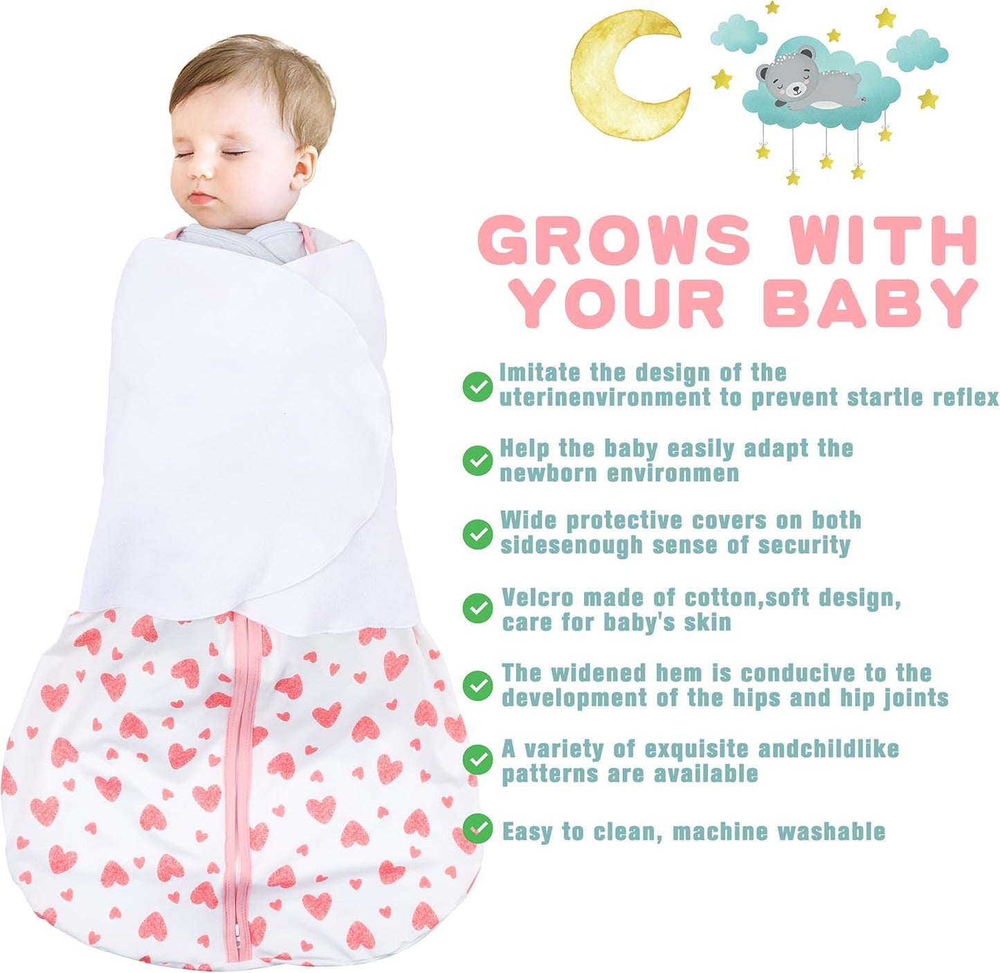 Newborn Sleep Sack Baby Swaddle,6-12 Months,3-Way Adjustable Wearable Blanket,100% Rayon Cotton Swaddling Sleeping Bag，TOG 0.5（Heart&Floral）