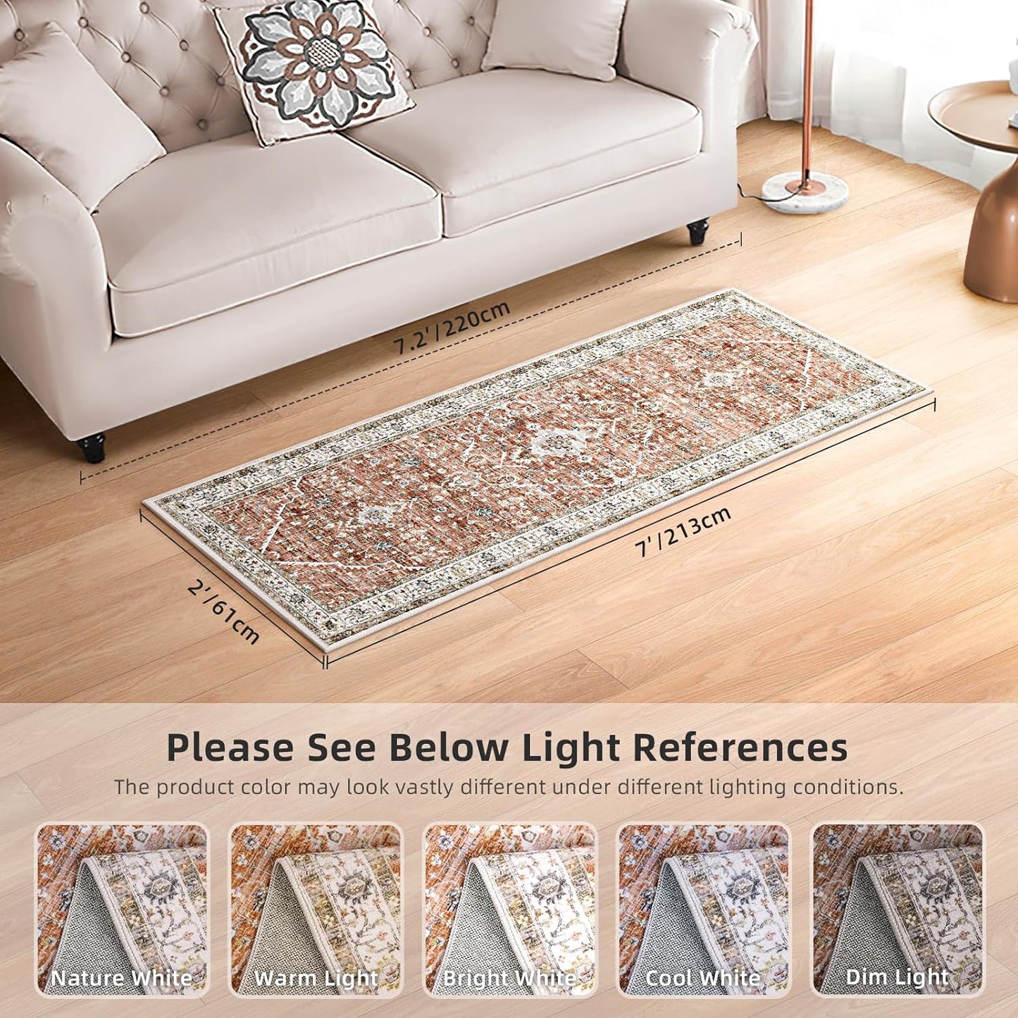 Deerly Boho Rug Runner - 2x7 Washable Kitchen Rugs with Non Slip Backing, Non-Shedding Floral Soft Rug Runners for Hallways Vintage Long Rug for Bathroom(Border Brick Red 2x7ft)