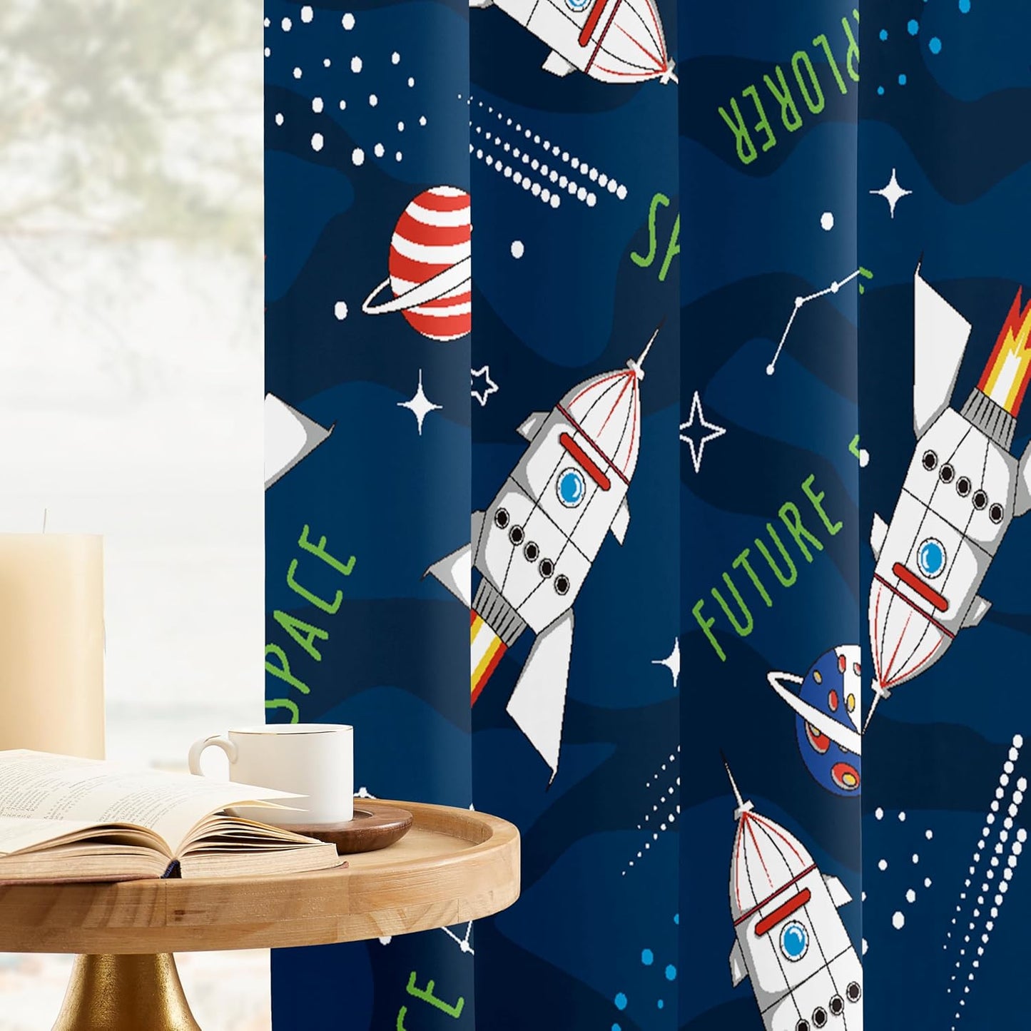 Kids Space Rocket Blackout Curtains - 100% Blackout, Thermal Insulated, Noise Reducing, Perfect for Kids Room and Nursery, 2 Panels (Future Explorer Rockets, W52×L63)