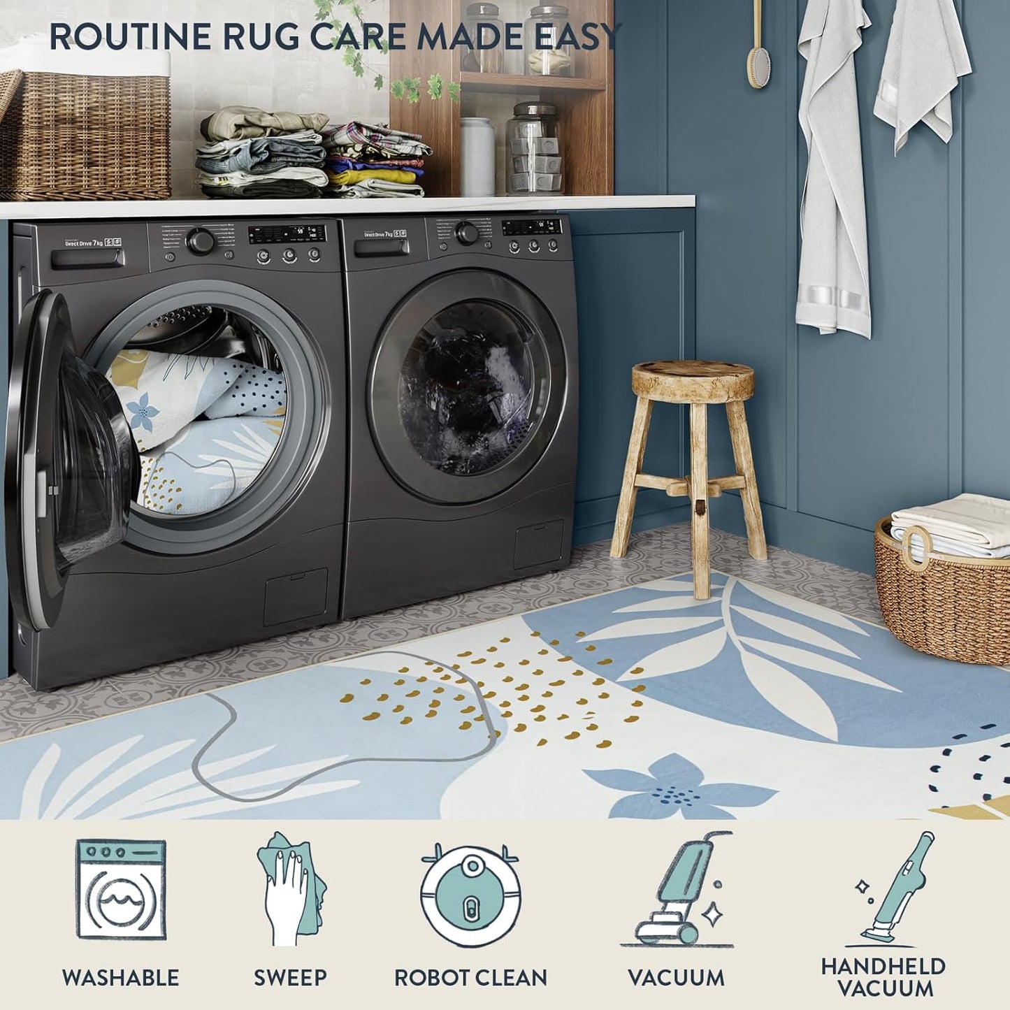 Lahome 8x10 Area Rugs for Living Room - Non-Slip Washable Ultra-Thin Soft Bedroom Rug 8x10 Under Bed, Boho Botanical Print Carpet for Dining Room Office Nursery, Blue