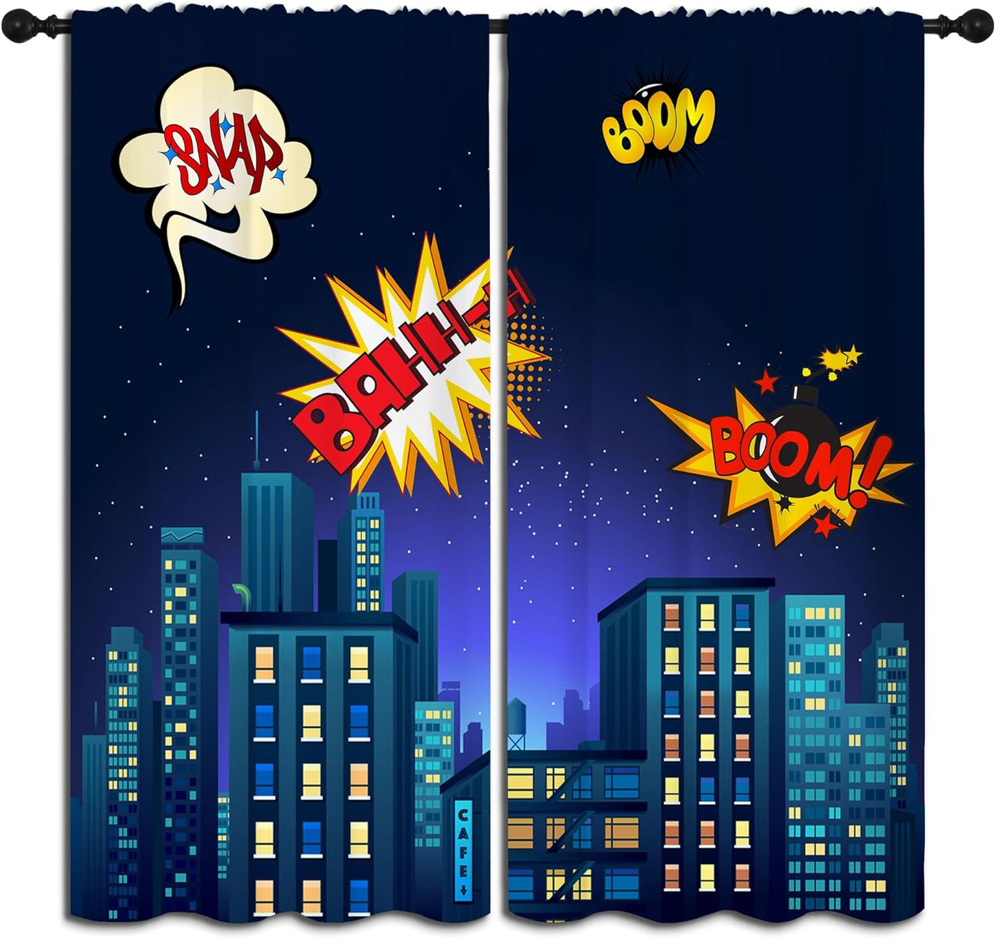 Superhero Rod Pocket Blackout Curtains for Boy Girl Bedroom, Cartoon Skyline Buildings Cityscape Thermal Insulated Home Window Drapes for Living Room Darkening, 84x72 inch