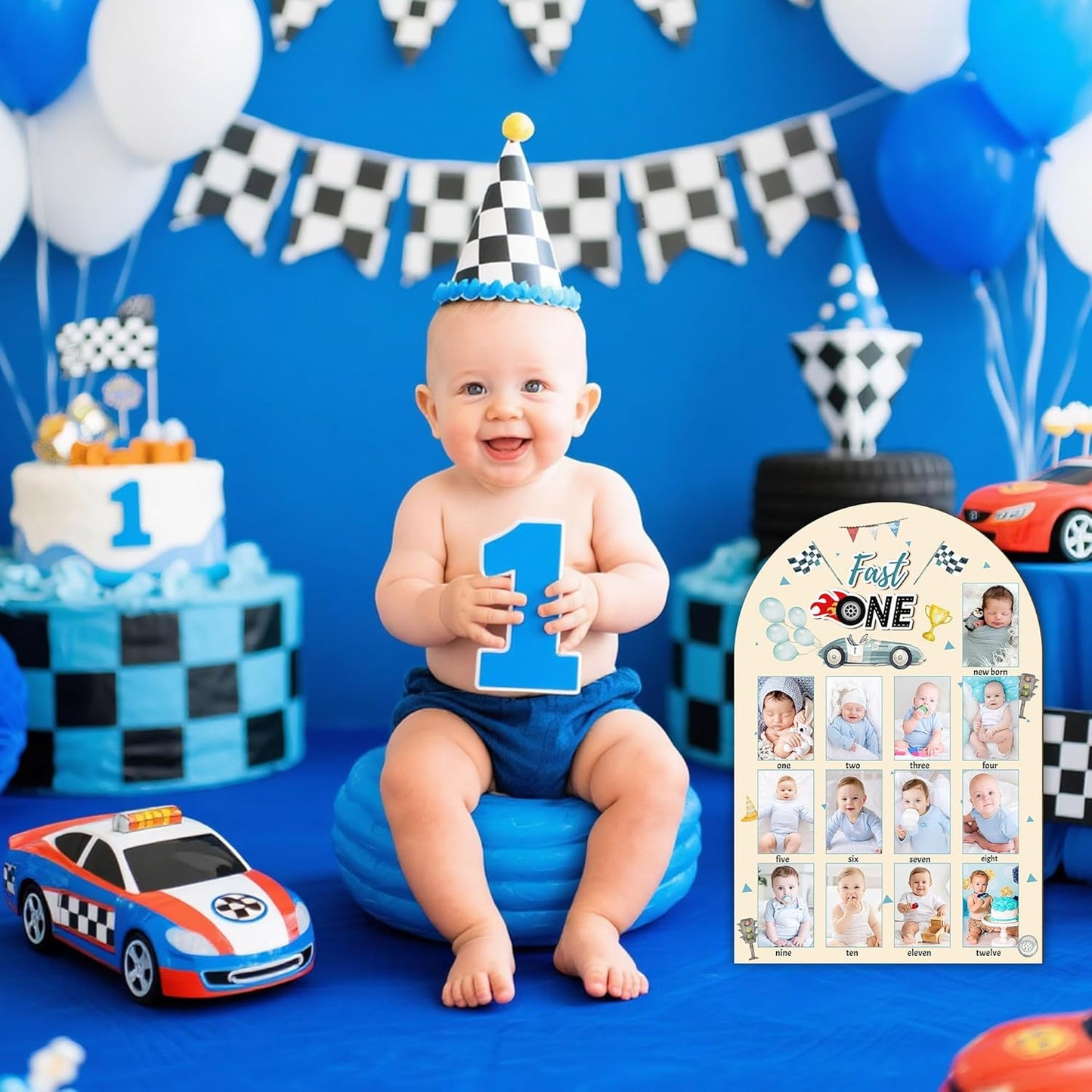 R HORSE My First Year Photo Display Wood Board - 3D Race Car Baby's First Year Picture Frame, 12 Months Milestone Board Neutral Baby Keepsake Gift One Year Old Birthday Nursery Decor for Boy