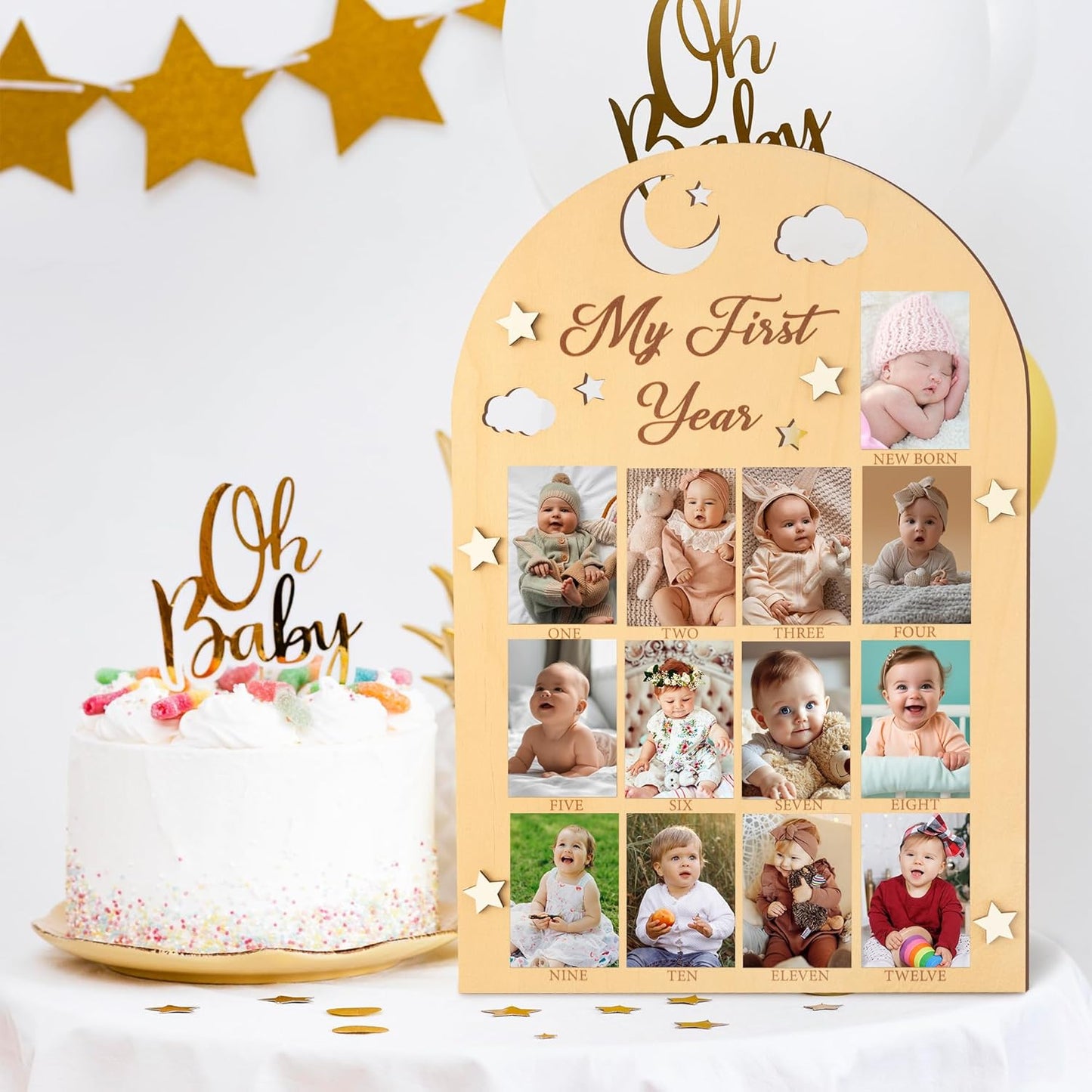 R HORSE My First Year Photo Frame Board - 3D Star Baby First Year Picture Frame 12 Months Milestone Photo Display Wood Board Baby Keepsake 1st Birthday Nursery Decor Gift for Boy Girl