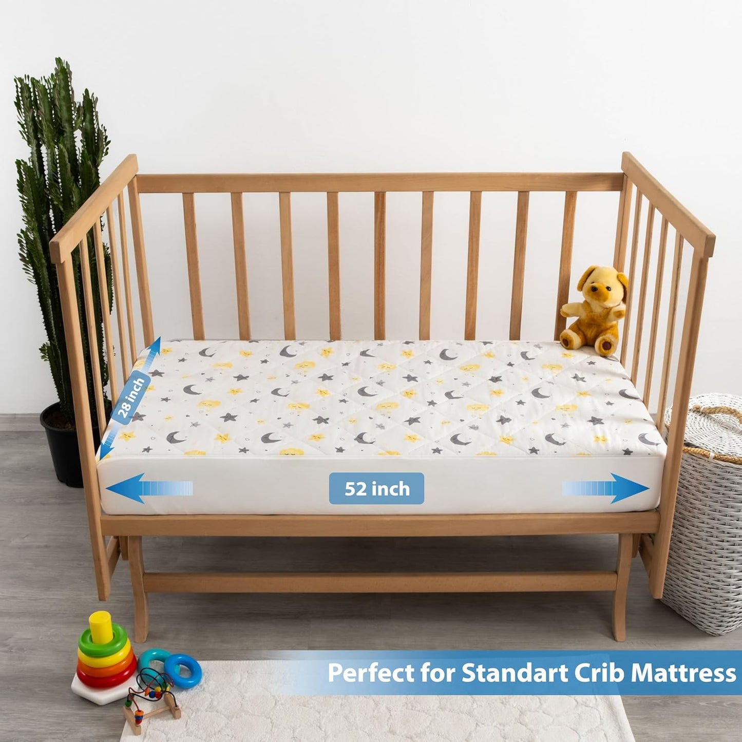 Waterproof Crib Mattress Protector Sheets,%100 Cotton Fabric, Absorbent Crib/Toddler Mattress Protector, Quilted, Certified, Noiseless Machine Wash, Moon&Star Pattern 52"x28" (Small Single, 1, Pack)