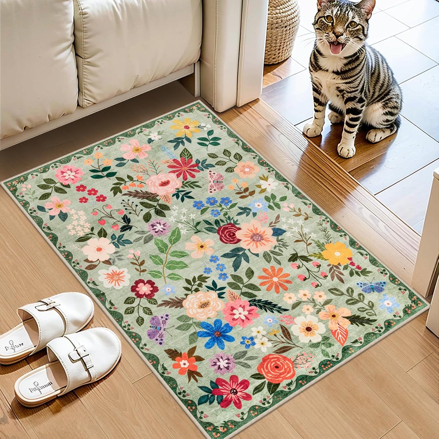 Entryway Rug 2X3 Small Rugs: Floral Washable Door Mat Vintage Soft Low Pile Non-Slip Kitchen Rugs Stain Resistant Indoor Throw Rug for Entrance, Bedroom, Kitchen, Laundry, Bathroom Green