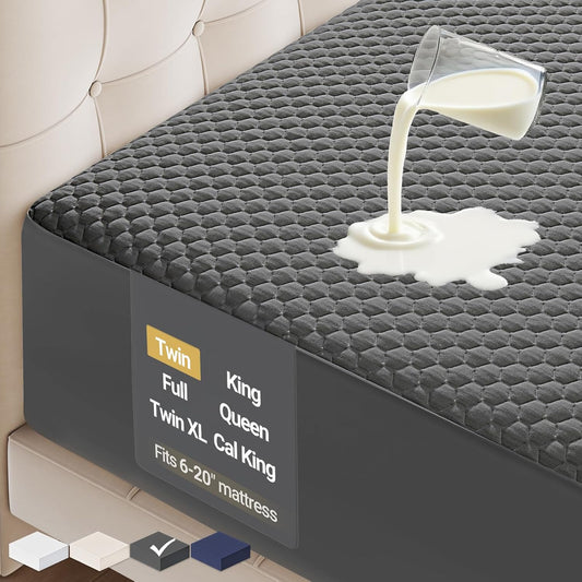 OhGeni 100% Waterproof Mattress Protector, Twin-Gray Size Mattress Pad, Fits 6"-20" Mattresses with Deep Pocket, Cooling, Breathable Fitted Sheets, Soft Bed Cover, Noiseless, Machine Washable