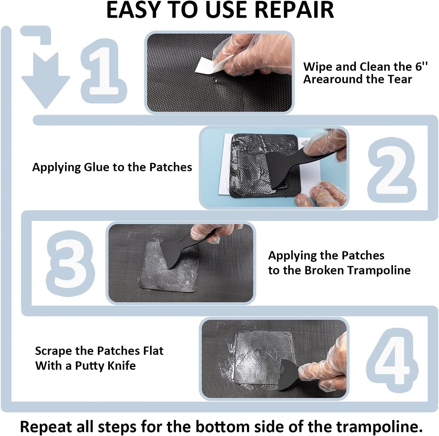 Trampoline Patch Repair Kit 4"X 4" Square On Patches | Repair Trampoline Mat Tear or Hole in a Trampoline Mat