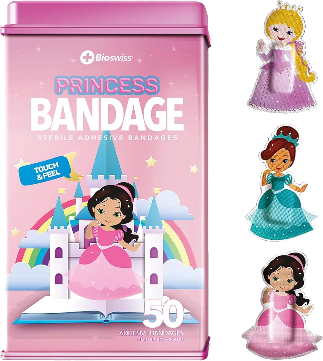 BioSwiss Bandages, Princess Shaped Self Adhesive Bandage, Latex Free Sterile Wound Care, Fun First Aid Kit Supplies for Kids, 50 Count