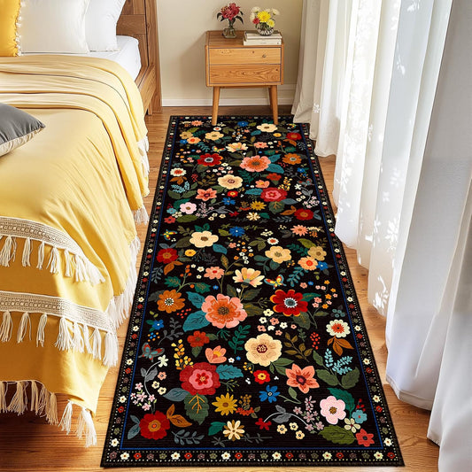 Floral 2x6 Area Rug Machine Washable Soft Print Boho Carpet Non Slip Doormat Low Pile Flower Area Rugs for Living Room Bedroom Nursery Kitchen Dining Room Indoor-Black