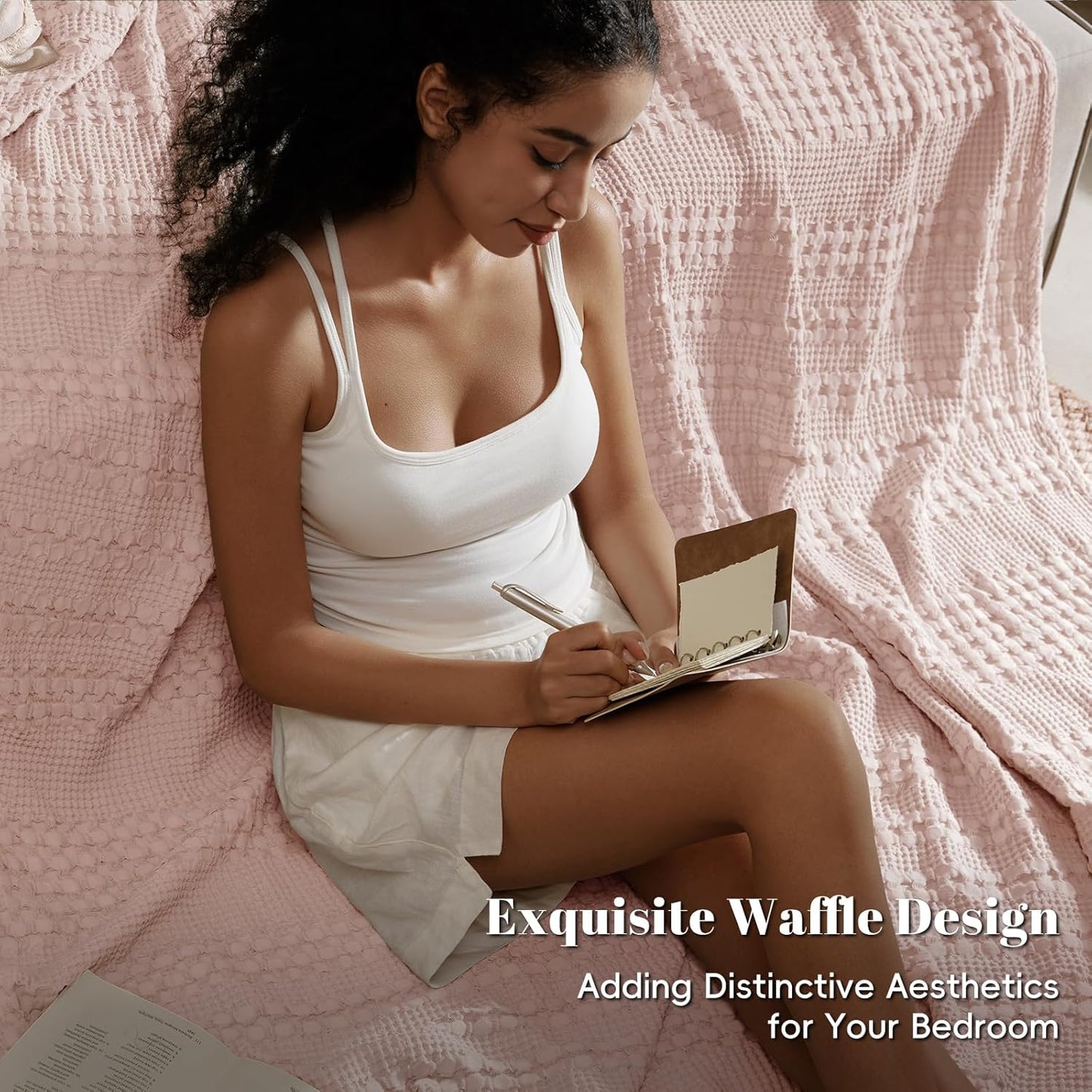 PHF 100% Cotton Waffle Weave Blanket Twin Size, Soft Lightweight Breathable Cozy Summer Blankets for Bed, Luxury Aesthetic Woven Bedding for Home Decor, 66"x90", Pink/Mauve