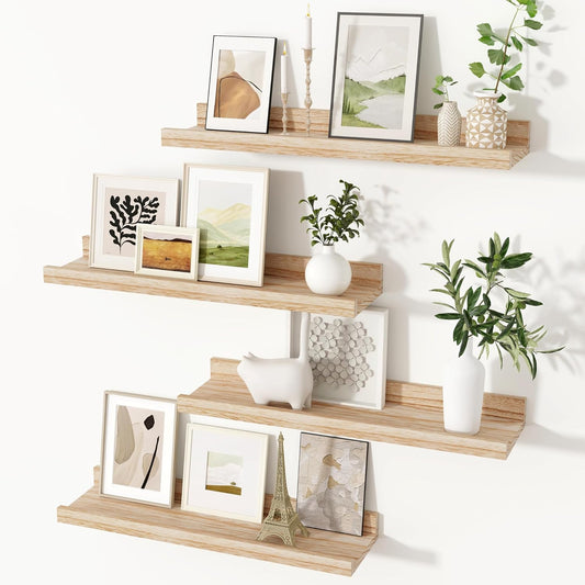 Fun Memories Picture Ledge Shelves 24 Inches Long, Rustic Wooden Floating Shelves with Lip Set of 4, Nursery Book Shelf for Kids Room, Farmhouse Wall Shelf for Living Room, Bedroom