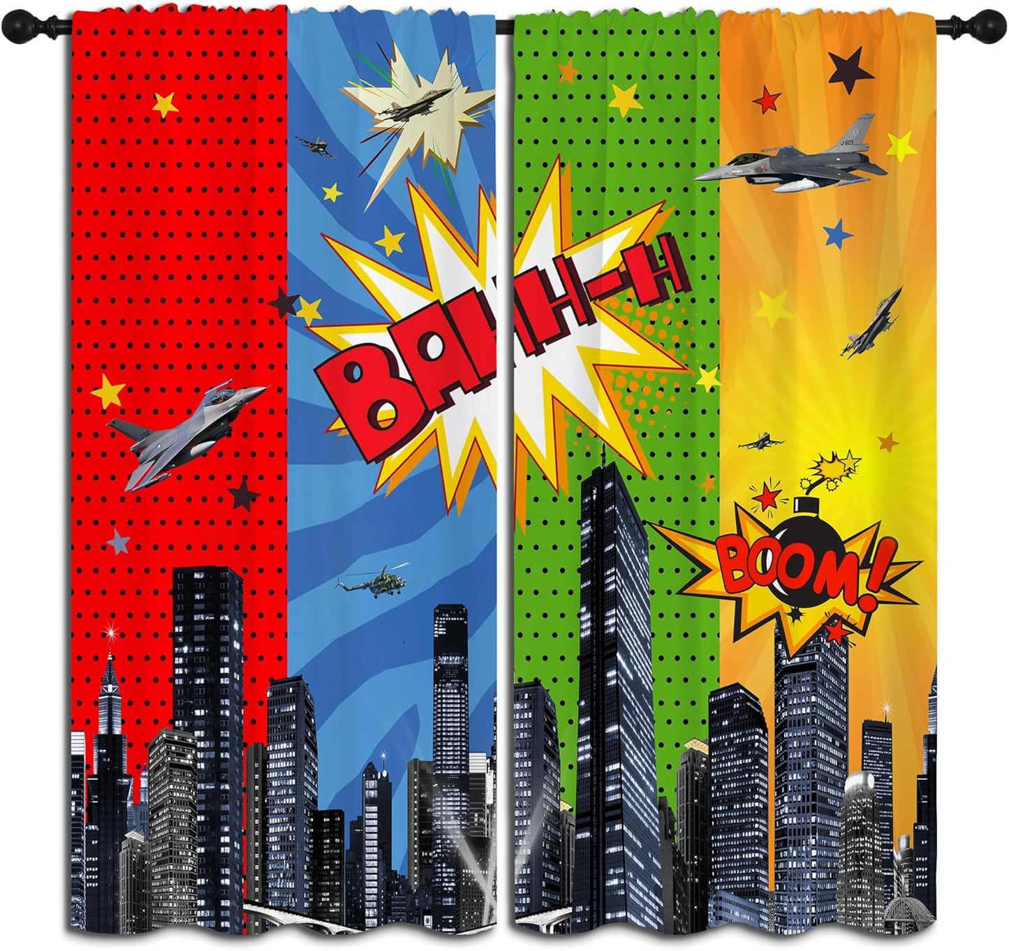 Superhero Rod Pocket Blackout Curtains for Boy Girl Bedroom, City War Explosion Comics Art Home Energy Efficient Light Filtering Window Curtain for Living Room, 63x63 inch