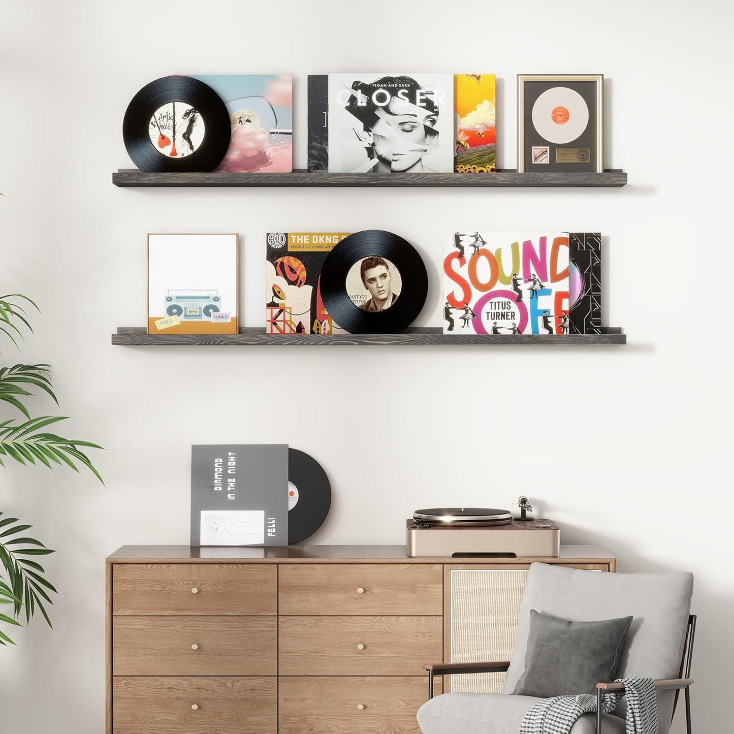 Picture Ledge Shelf, Floating Shelves Set of 2, Solid Pine Wood 55'' Long Large Nursery Book Shelves for Toys Storage, Kids Bookshelf for Living Room Bedroom Decor Books Photo Frames, Grey