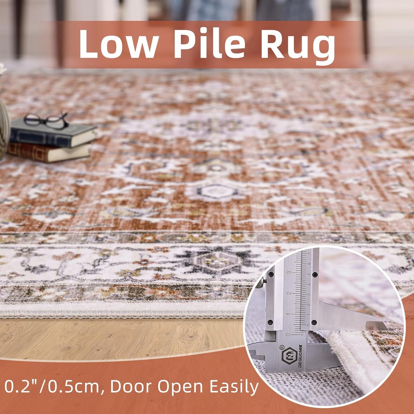 Deerly Boho Rug Runner - 2x7 Washable Kitchen Rugs with Non Slip Backing, Non-Shedding Floral Soft Rug Runners for Hallways Vintage Long Rug for Bathroom(Border Brick Red 2x7ft)