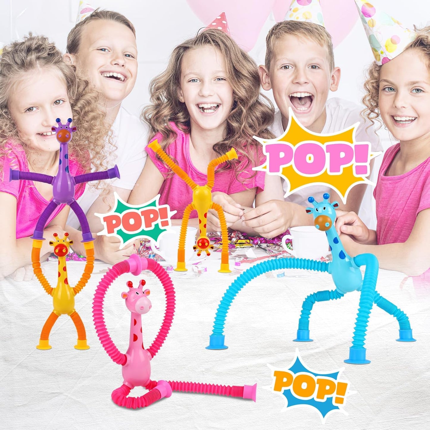 Ochine 4 Pack Telescopic Suction Cup Giraffe Toys, Shape Changing Pop Tubes Fidget Toys, Easter Basket Stuffers Sensory Toys ADHD Autistic Airplane Travel Toys