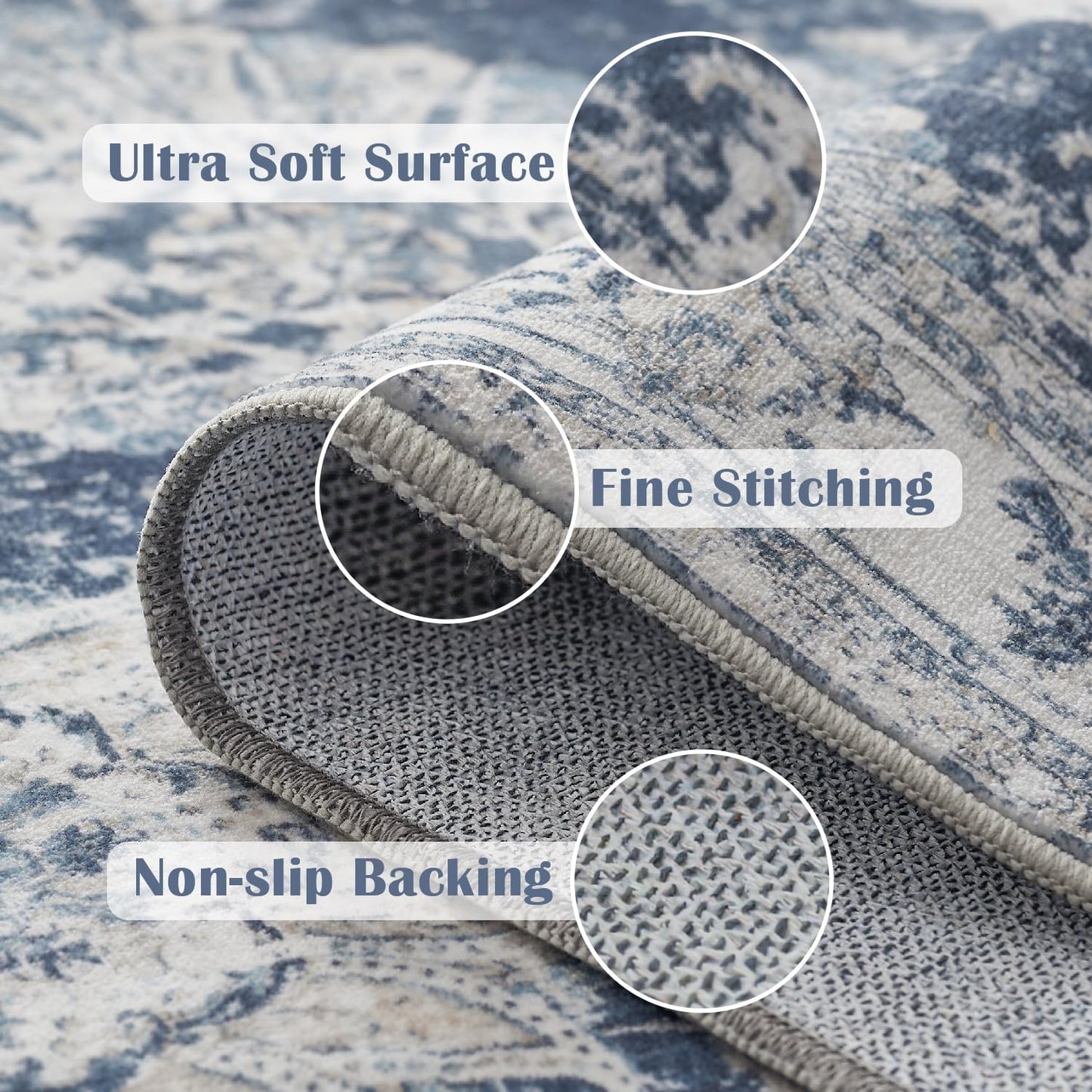 jinchan Hallway Runner Rug 3x8 Washable Runner - Vintage Floral Non Slip Low-Pile Soft Thin Faux Wool Kitchen Rug Distressed Carpet for Farmhouse Bedroom Laundry Room(3x8ft,Dark Blue)