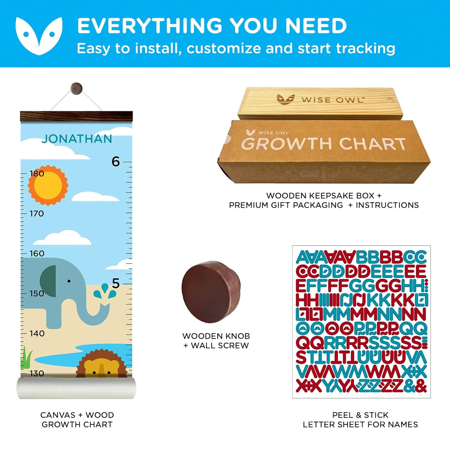 WISE OWL Personalized Growth Chart for Kids - Height Wall Chart for Boys with Peel & Stick Letters for Name - Hanging Canvas Wall Measurement Height Tracker for Baby Gift (Safari)