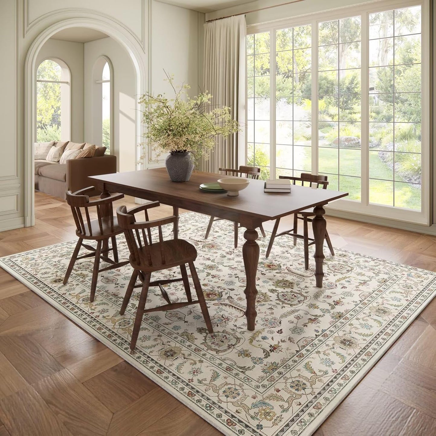 Washable 6x9 Area Rugs for Living Room, BoHo Non-slip Silicone Backing Large Rug for Bedroom Dining Room Nursery Office, 0.3" Neutral Oriental Throw Carpet with 0.16" Cushioning Pad, Light Beige/Multi