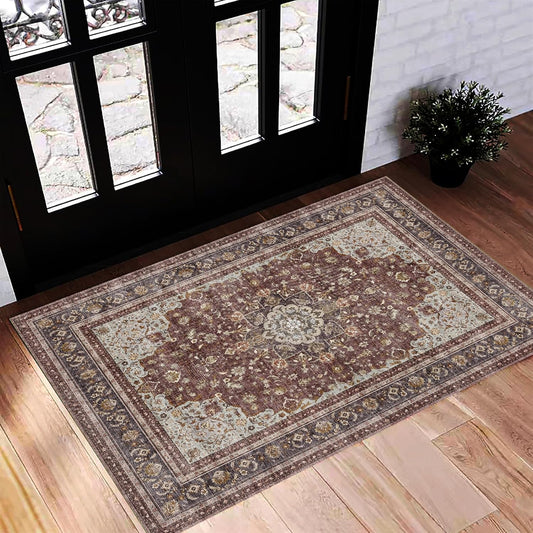 Washable Area Rug 2'x3' Door Mat Vintage Distressed Doormat Indoor Entrance Traditional Thin Rug Floral Print Non Slip Carpet for Kitchen Bathroom Bedroom Living Room