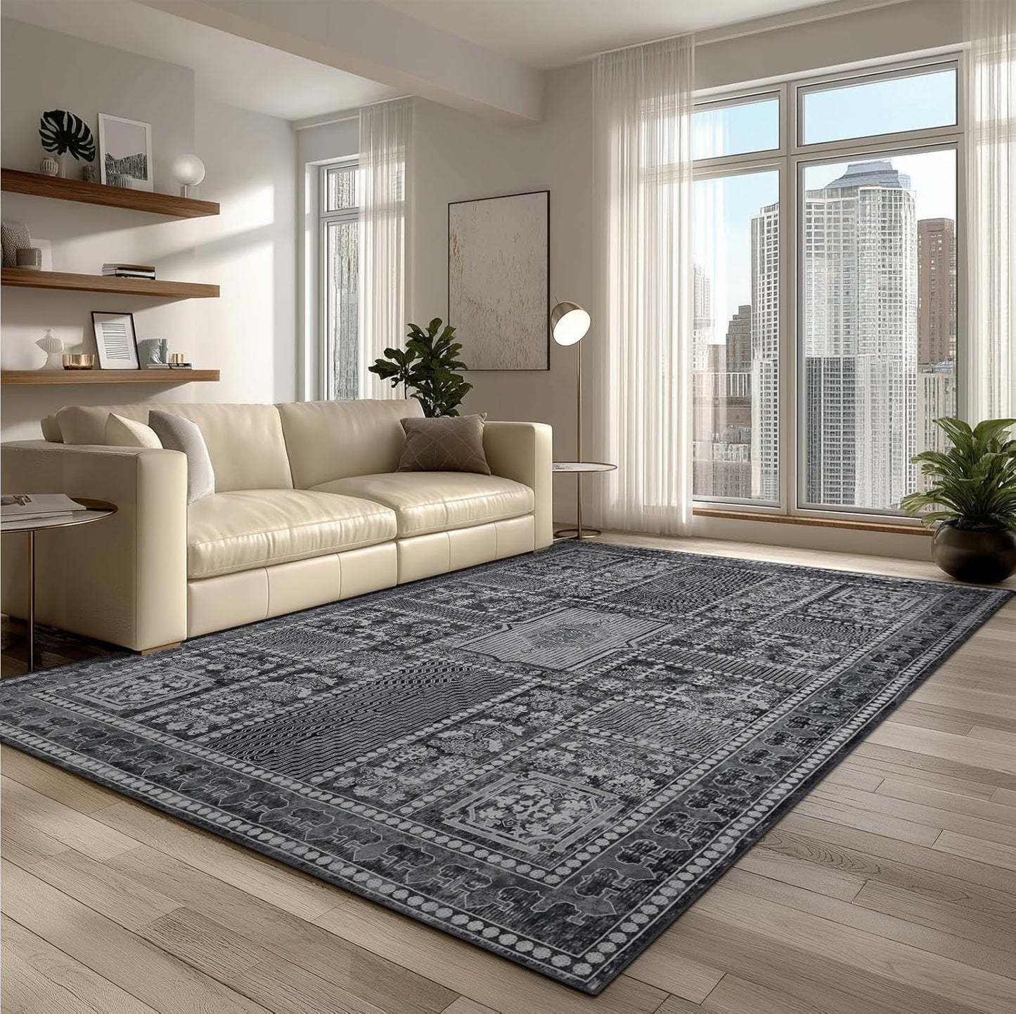 Washable Rugs 5x7 Area Rugs for Living Room, Thin Carpet for Bedroom, Soft Faux Wool Retro Dining Room Rug，Non Slip&Non-Shedding Resistant Low Pile Vintage Print Rug for Home Office (Grey)