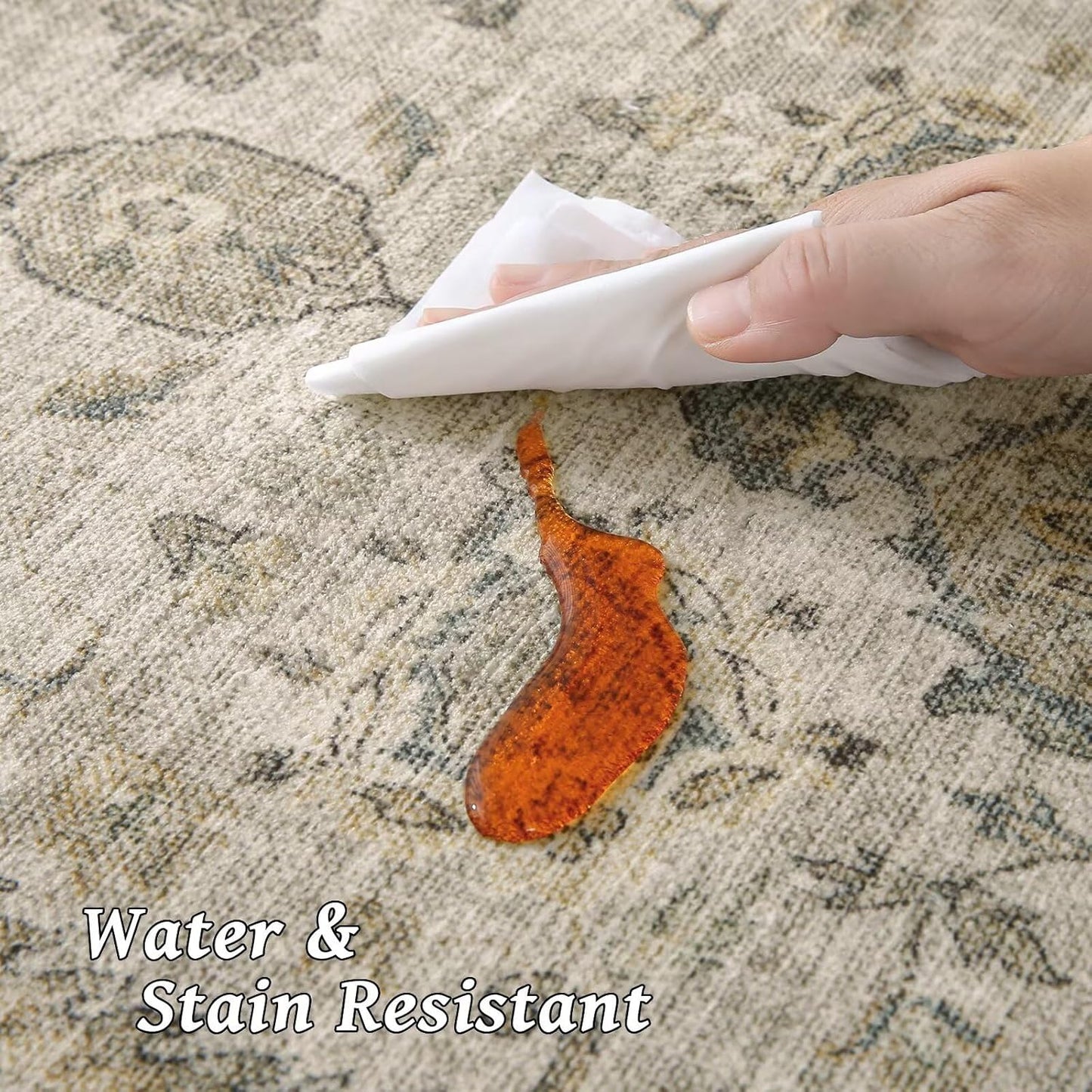 Washable 10x14 Area Rugs for Living Room, Boho Non-Slip Silicone Backing Rugs for Bedroom Dining Room Office, 0.3" Neutral Oriental Throw Carpet with 0.16" Cushioning Pad, Light Brown/Multi