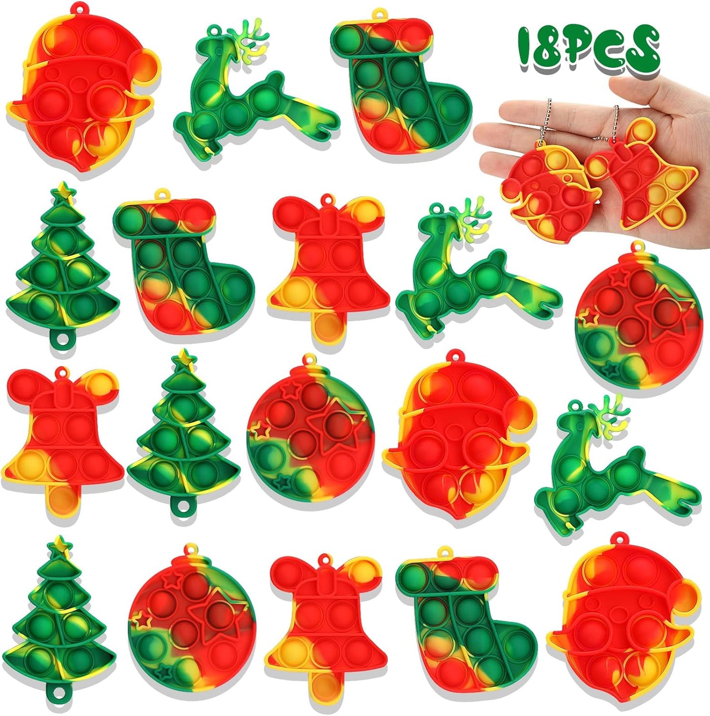 Christmas Party Favors, 18 Pcs Pop Fidget Toys Keychain Its for Kids Adults, Mini Push Bubble Pops Bulk Sensory Toys, Birthday Gifts Classroom Prizes for Boys Girls Goodie Bag Treasure Chest Box