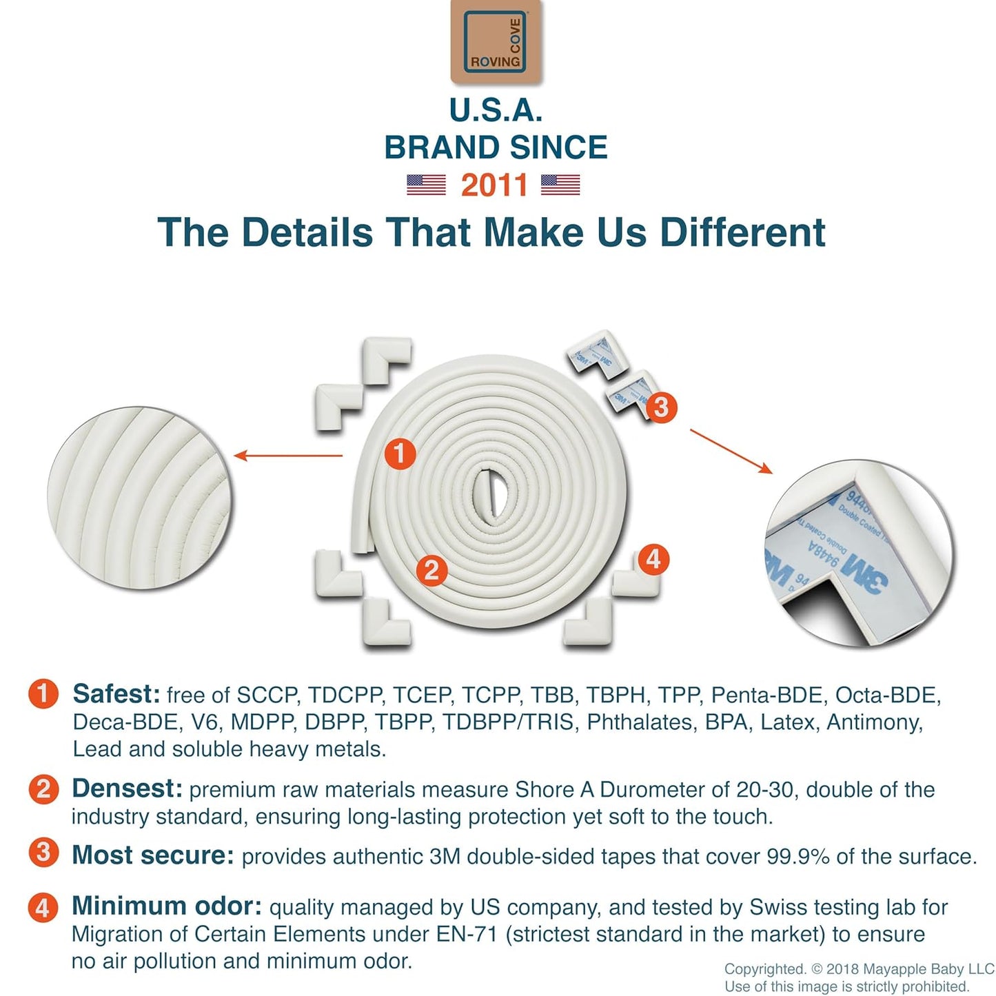 Roving Cove HeftyFit Edge Corner Protector Baby Proofing (Large 18ft Edge 8 Corners), Heavy-Duty, Soft NBR Rubber Foam, Furniture Fireplace Safety Bumper Guard, 3M Adhesive, Oyster White (Off White)