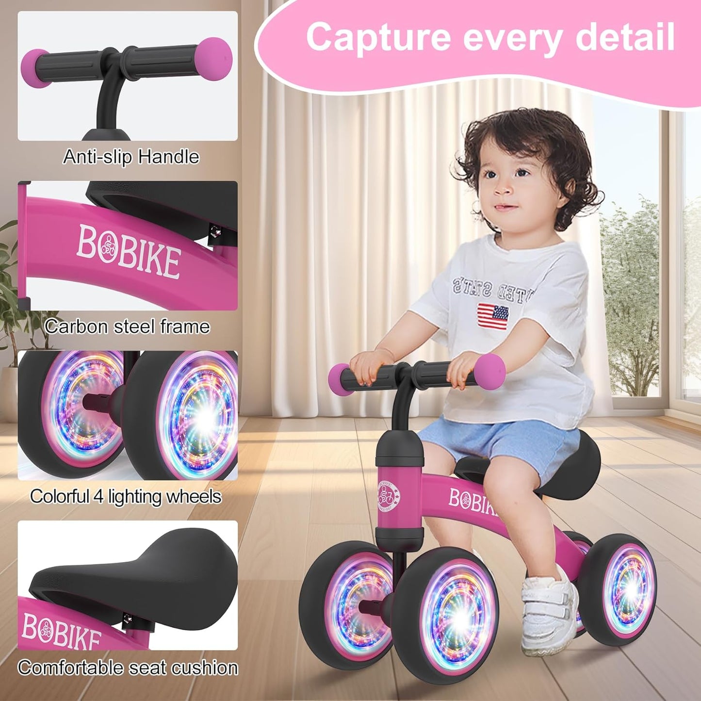Baby Balance Bike Toys for 12-36 Months Kids Toy Boy and Girls Gifts Toddler Best First Birthday Gift Children Walker No Pedal Infant 4 Wheels Bicycle (Colorful, Rose Red-Light)