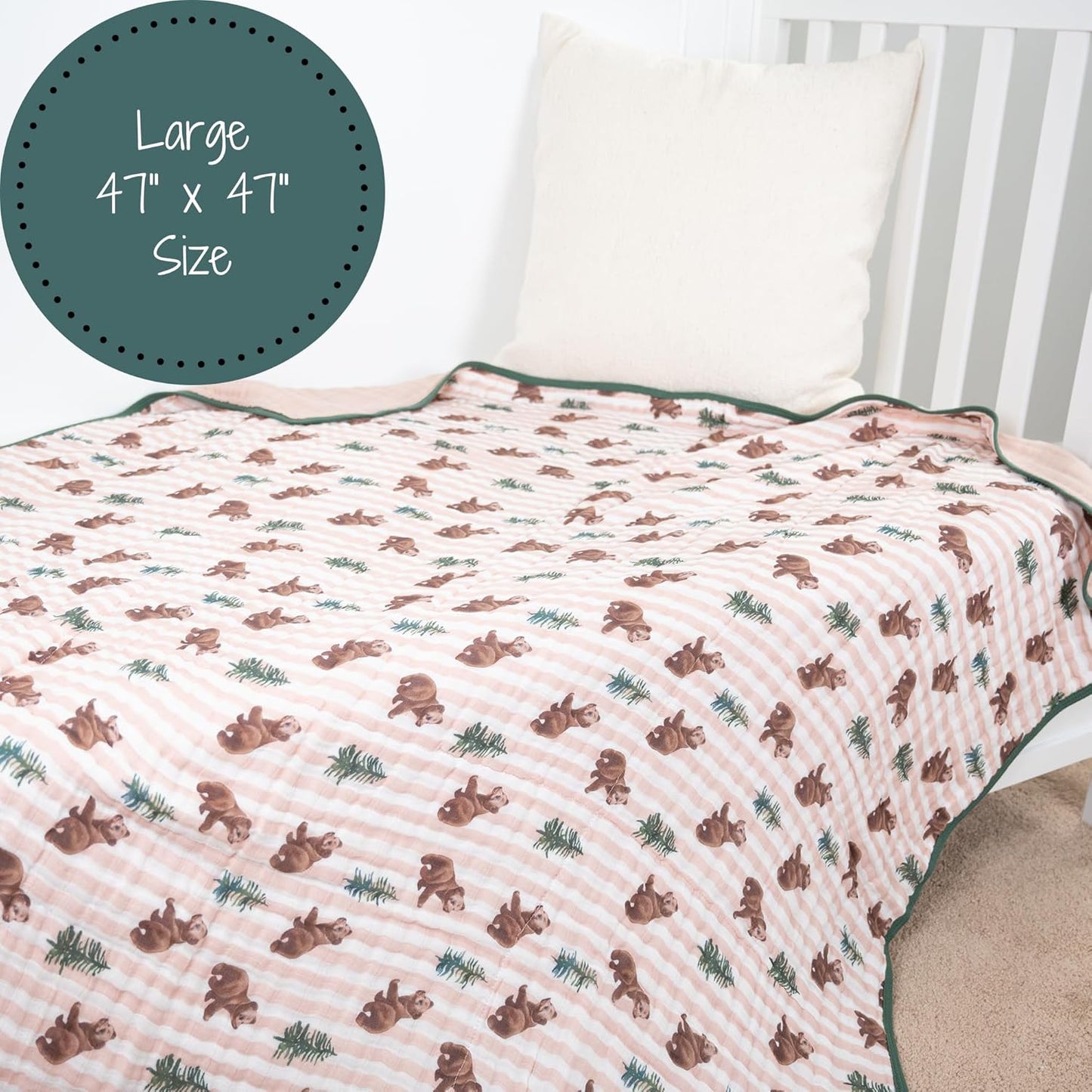 LollyBanks Muslin Baby Blanket 100% Organic Cotton, Muslin Quilt Lightweight, 6 Layers Soft Blanket Neutral, 47"x 47" Toddler Blankets for Girls and Boys, Nursery Receiving Blankets (Bear Print)