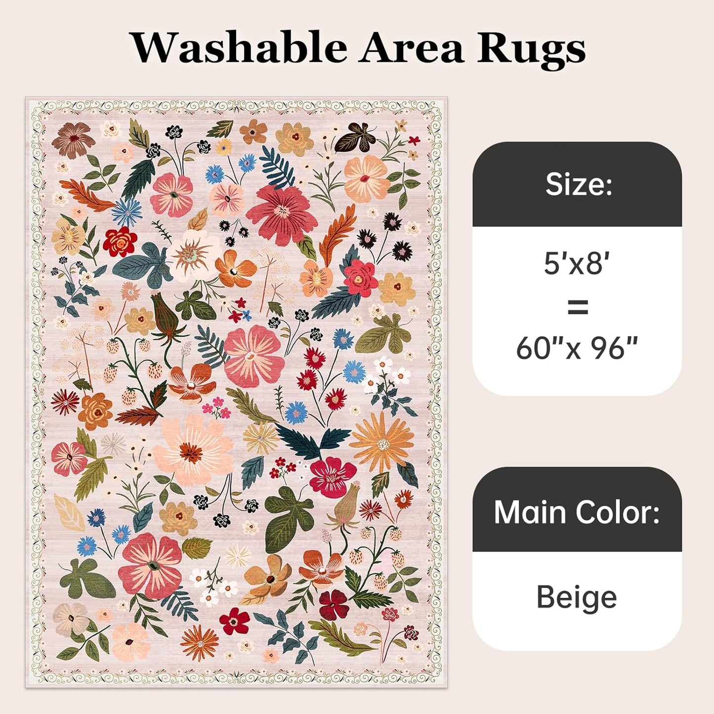5x8 Boho Floral Area Rugs Soft Washable Stain Resistant Indoor Floor Carpet Rug Vintage Beige Low Pile Non Slip Rug Spring Farmhouse for Living Room Bedroom Dining Room Playroom Nursery Family Room