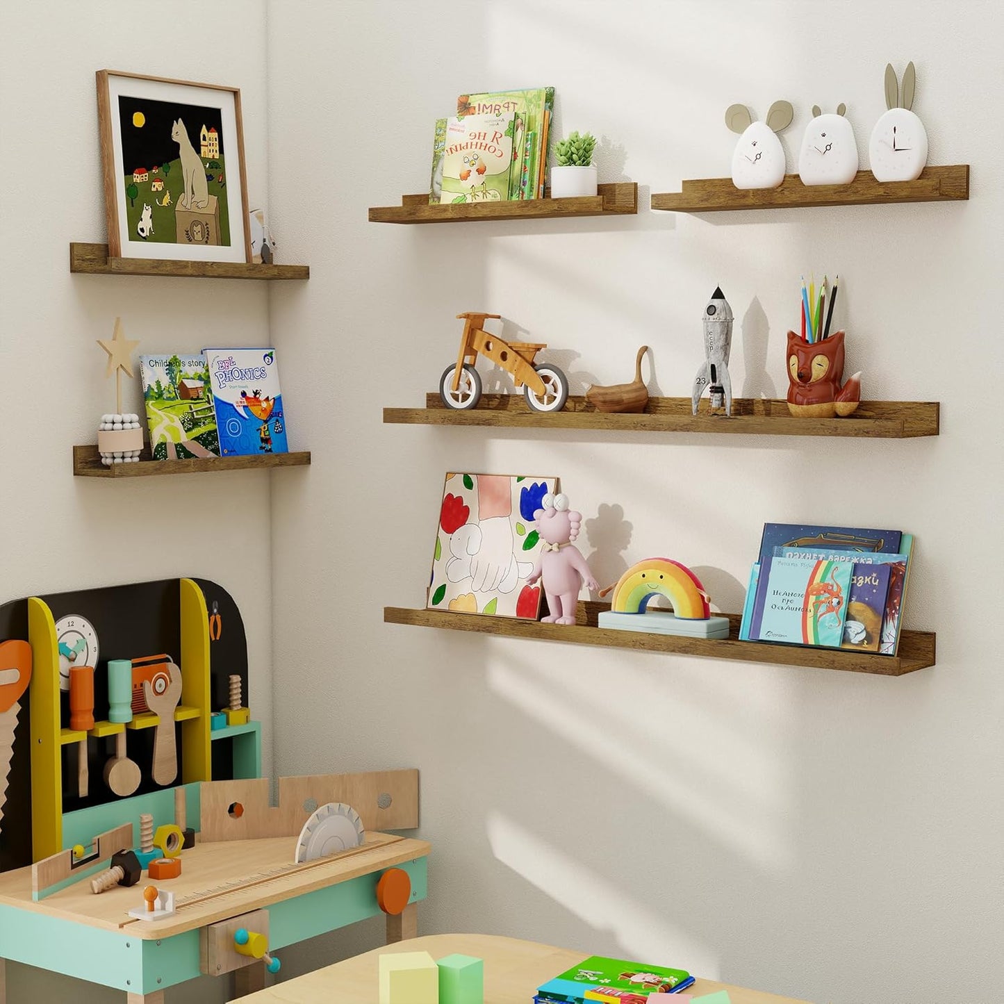 Axeman Picture Ledge Shelf, Floating Shelves for Wall Decor Set of 6, 24 inch Floating Wall Mounted Shelves, Wall Shelves with Lip for Living Room, Bedroom, Nursery, Bathroom, Kitchen, Rustic Brown