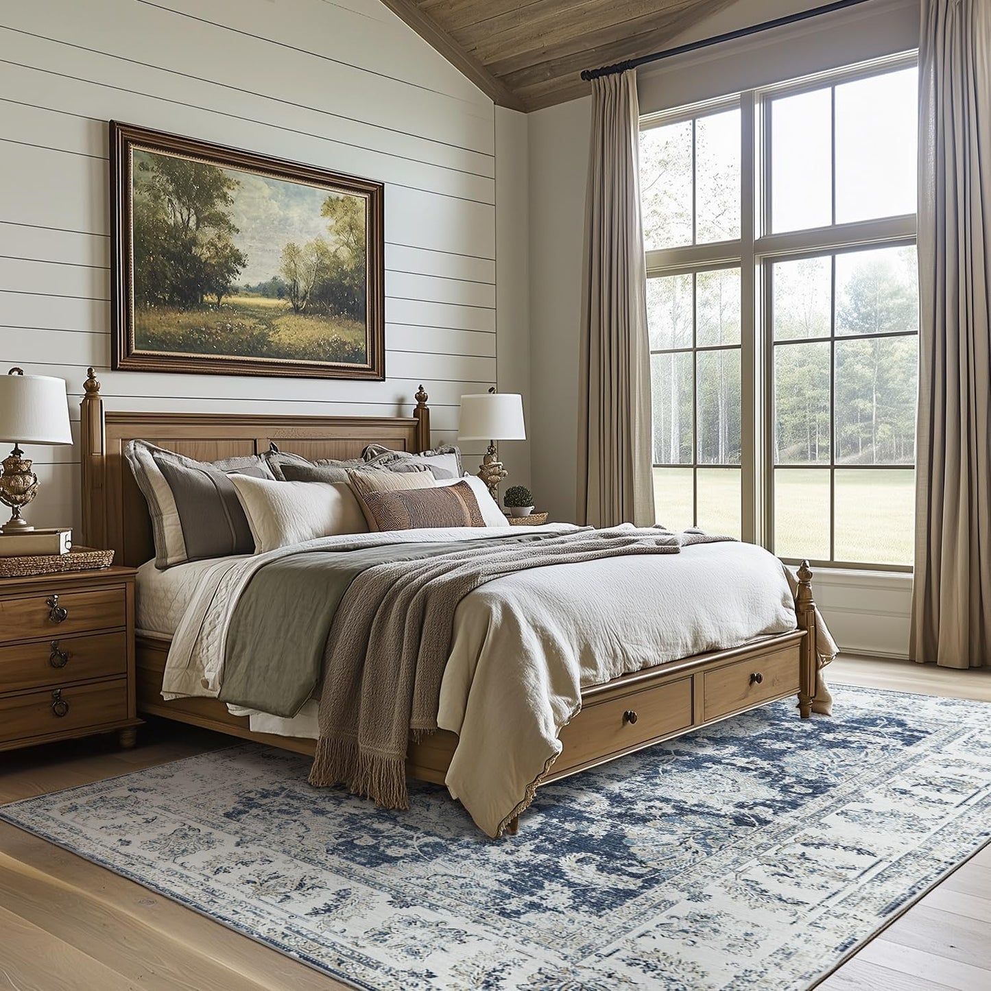 jinchan 8x10 Area Rugs for Living Room Machine Washable Vintage Floral Distressed Design Stain Resistant Boho Carpet Low Pile Non-Slip Rug for Bedroom Dining Room Home Office (8‘x10',Dark Blue)