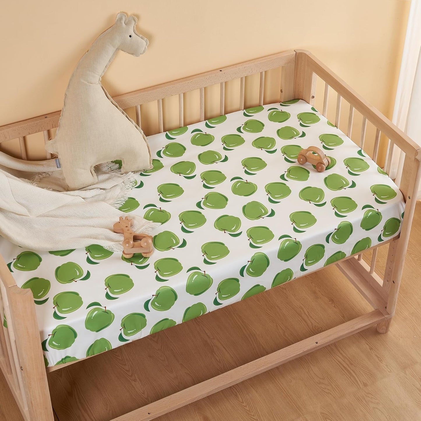 TILLYOU Baby Crib Sheets for Boys Girls, Super Soft Toddler Bed Sheets, 2 Pack Sheets for Standard Crib Mattress 28x52in, Green Apple