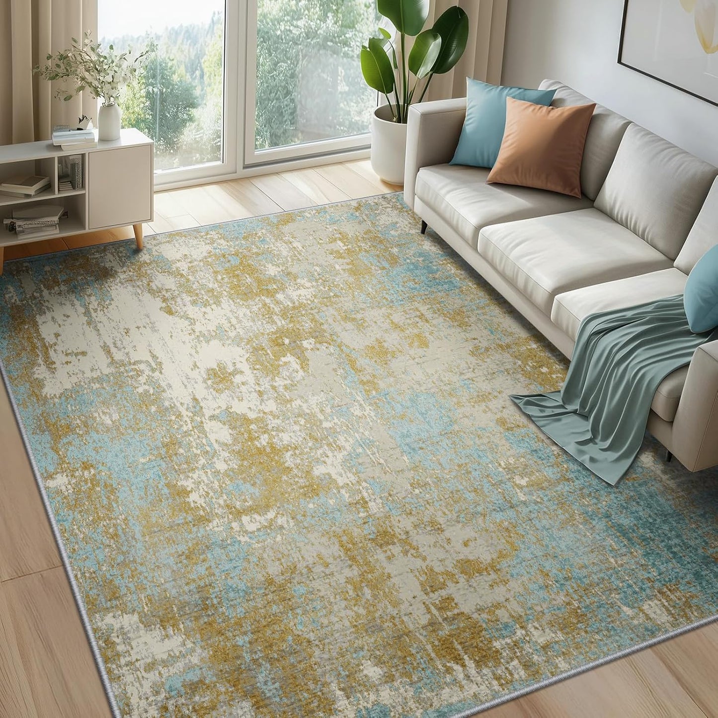 Washable Area Rugs 9'x12' Non-Slip Modern Abstract Soft for Living Room Entryway Bedroom Nursery, Print Pattern, Teal Blue Taupe