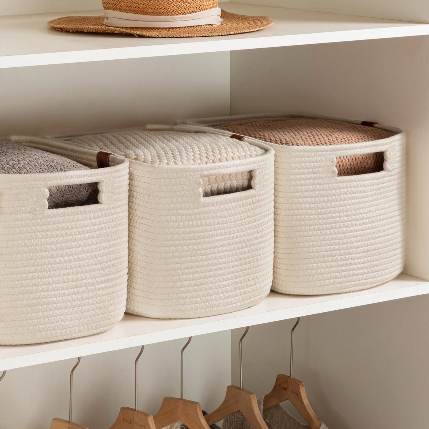 UBBCARE 4 Pack Baskets for Organizing, Woven Storage Baskets with Label for Toys and Towel, Rectangle Cotton Rope Basket with Handles, 15''L x10''W x9''H, Off-White