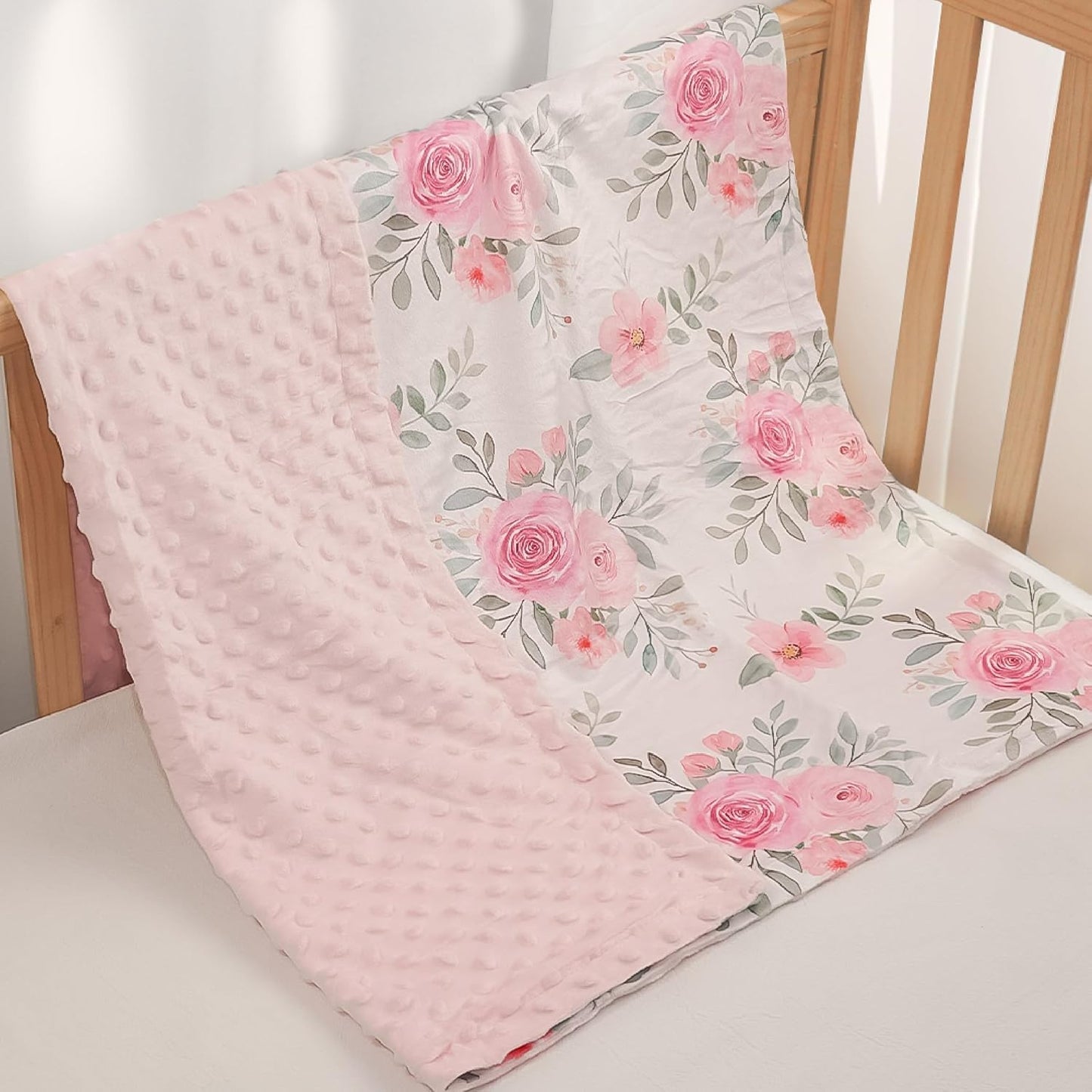 Floral Minky Baby Blanket 30 x 40 Inches for Girls, Soft Plush Receiving Blanket with Dotted Back, Gift for Newborn Infant Toddlers, Baby Shower, Christmas Birthday