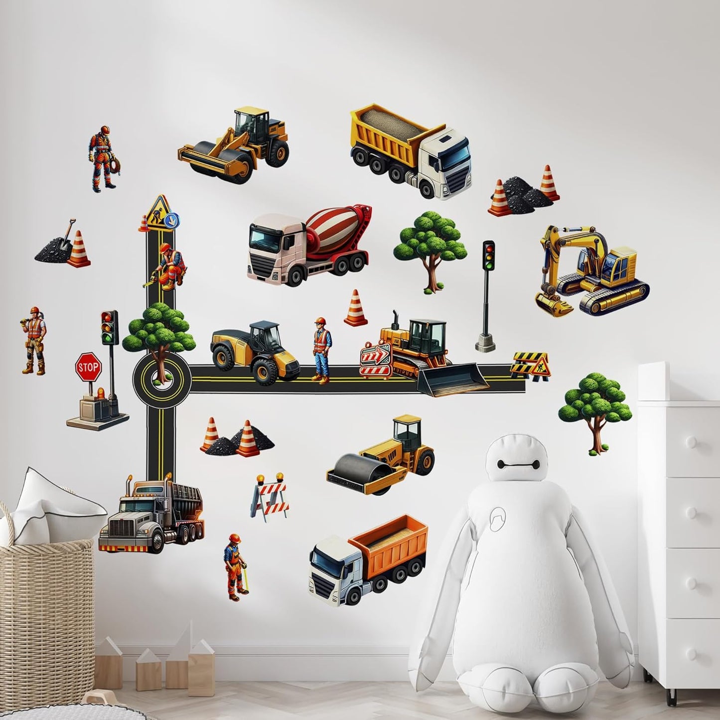 Construction Car Wall Decals for Boys by Lipastick - Road, Trucks, Tractors, Excavators Wall Stickers for Kids Bedroom, Nursery, Playroom - Peel and Stick Transport Themed Wall Decals - L Size