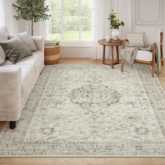LIVEBOX Washable Area Rug 8x10 Rugs for Living Room Bedroom, Non-Slip Boho Indoor Carpet for Dining Room Office, Low-Pile Farmhouse Soft Carpets for Kids Nursery Room Playroom, Taupe