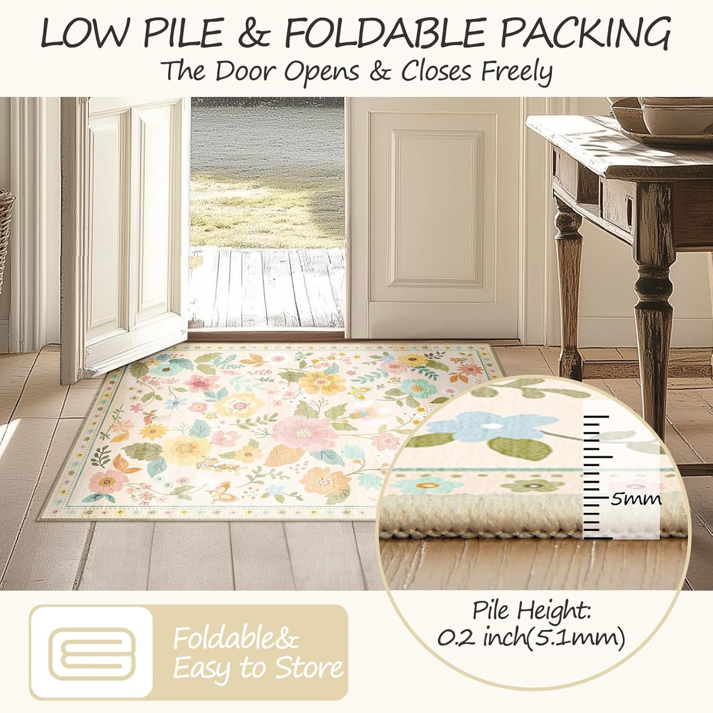 Floral 9x12 Area Rug Machine Washable Soft Print Boho Carpet Non Slip Doormat Low Pile Flower Area Rugs for Living Room Bedroom Nursery Kitchen Dining Room Indoor-Beige/White/Orange