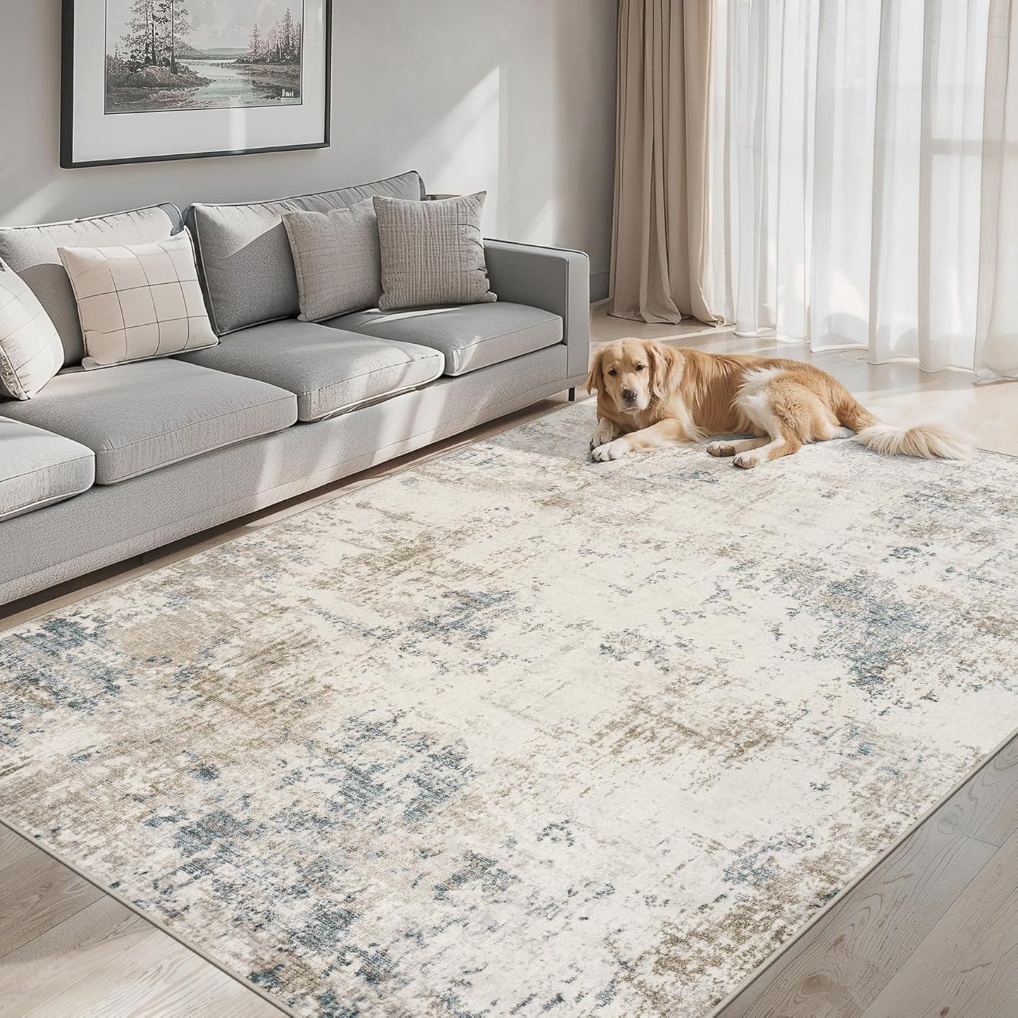 Area Rugs Living Room Rug - 5x7 Washable Modern Abstract Soft Neutral Non-Slip Carpet Large Indoor Floor Stain Resistant Thin Carpets for Bedroom Dining Room Farmhouse Nursery Home Office Multi